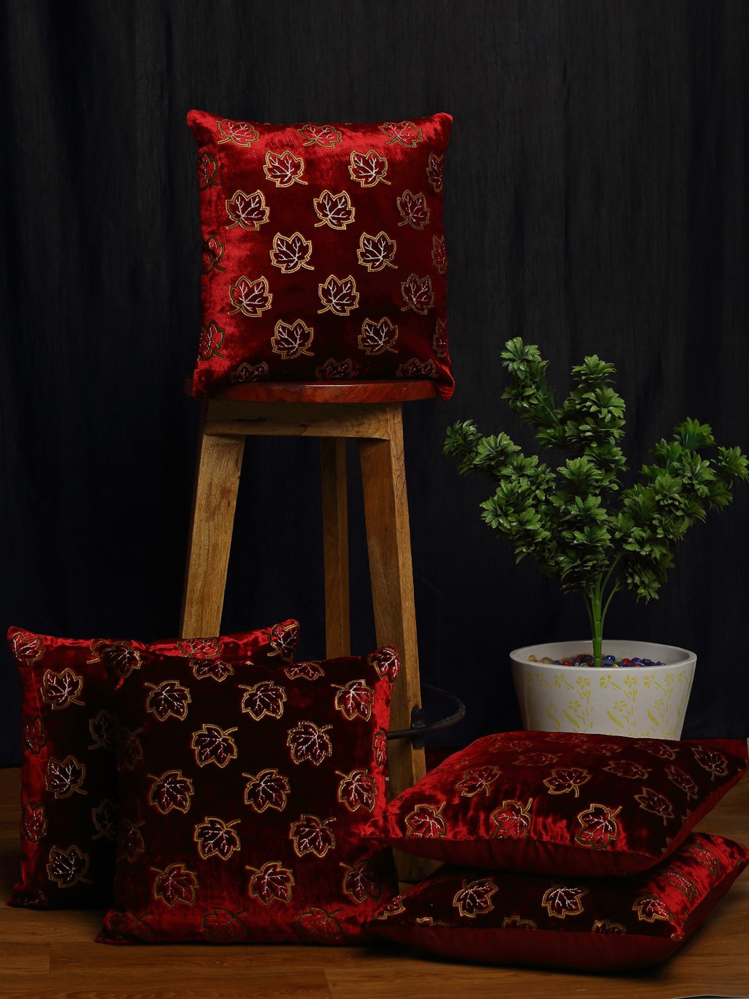 

HOSTA HOMES Maroon Set of 5 Ethnic Motifs Square Cushion Covers