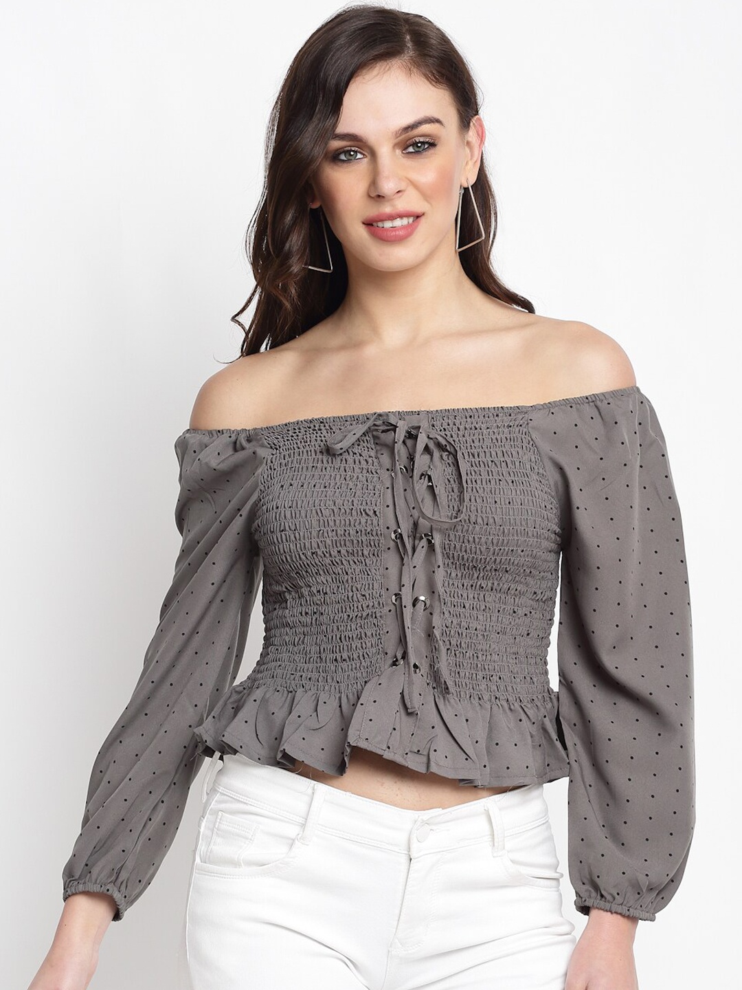 

Miaz Lifestyle Grey Off-Shoulder Crepe Bardot Top