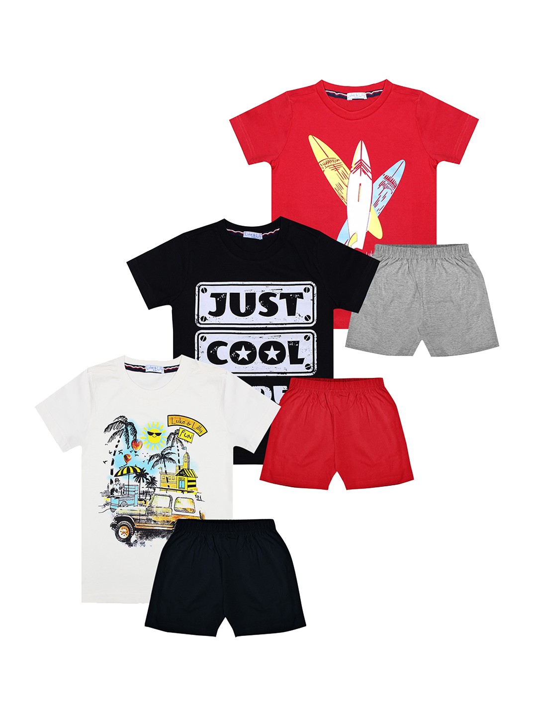 

Luke & Lilly Boys Pack Of 3 Red & Black Printed T-shirt with Shorts