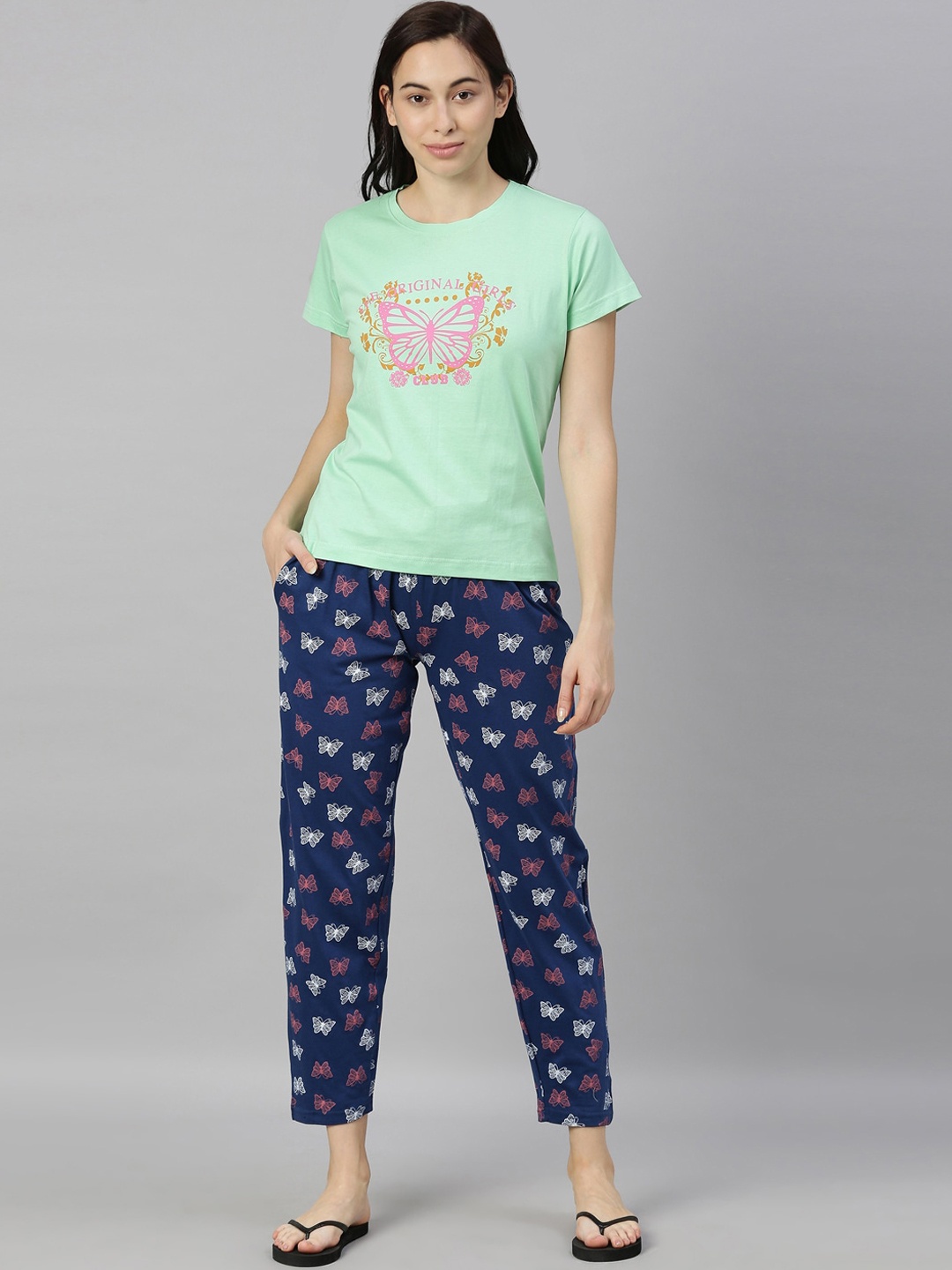 

Kryptic Women Sea Green & Navy Blue Printed Night suit