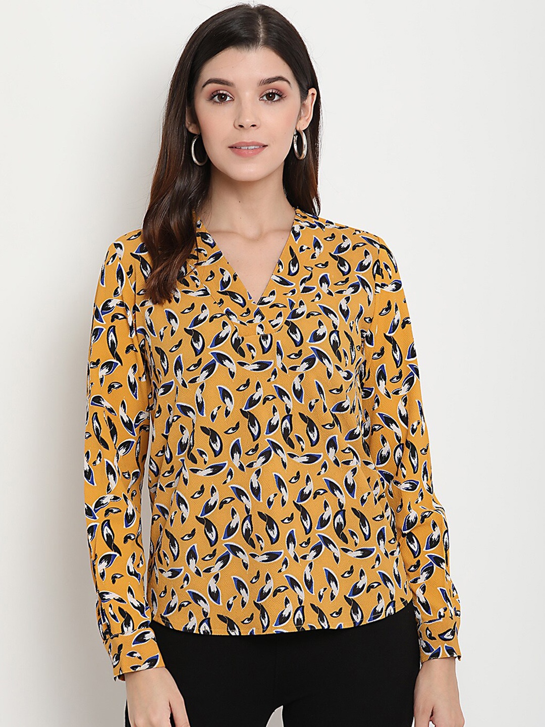 

THREAD MUSTER Mustard Yellow Printed Crepe Shirt Style Top