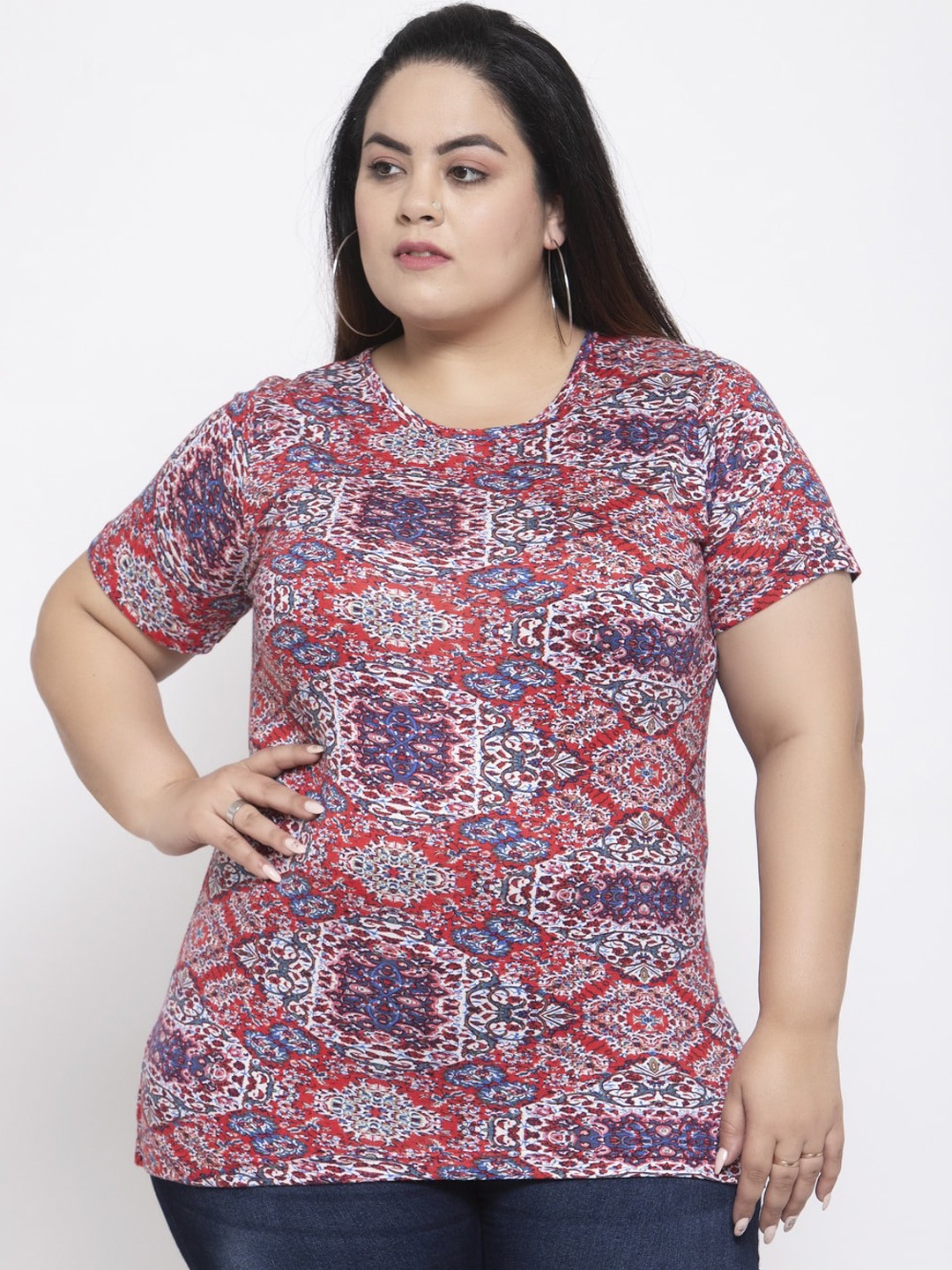 

plusS Women Red Printed Round Neck T-shirt