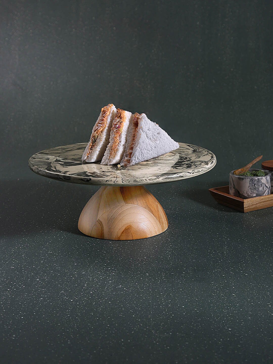 

ellementry Black & Brown Marble Textured Carbon Ceramic & Wooden Cake Stand