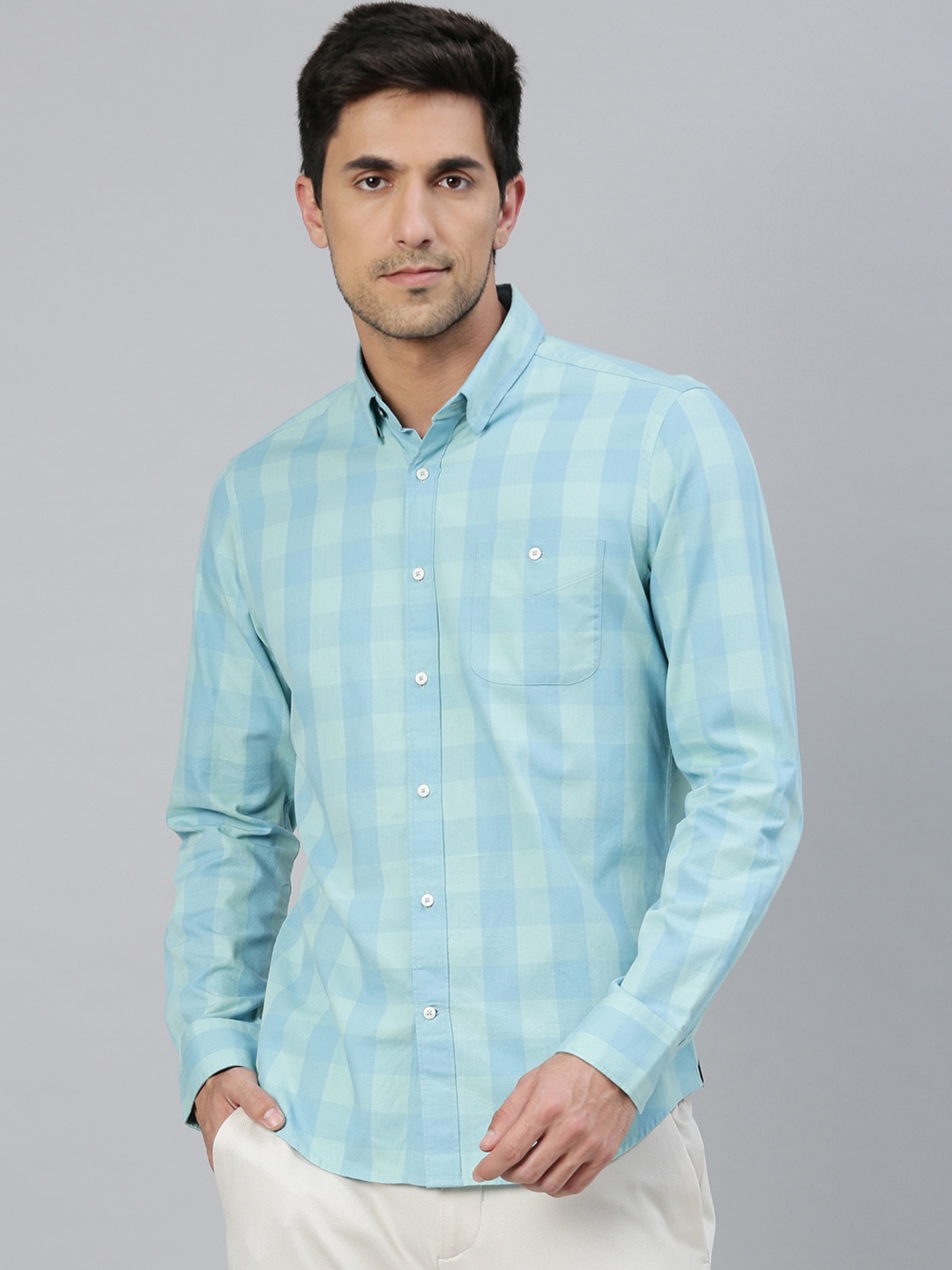 

RARE RABBIT Men Blue Regular Fit Checked Casual Shirt