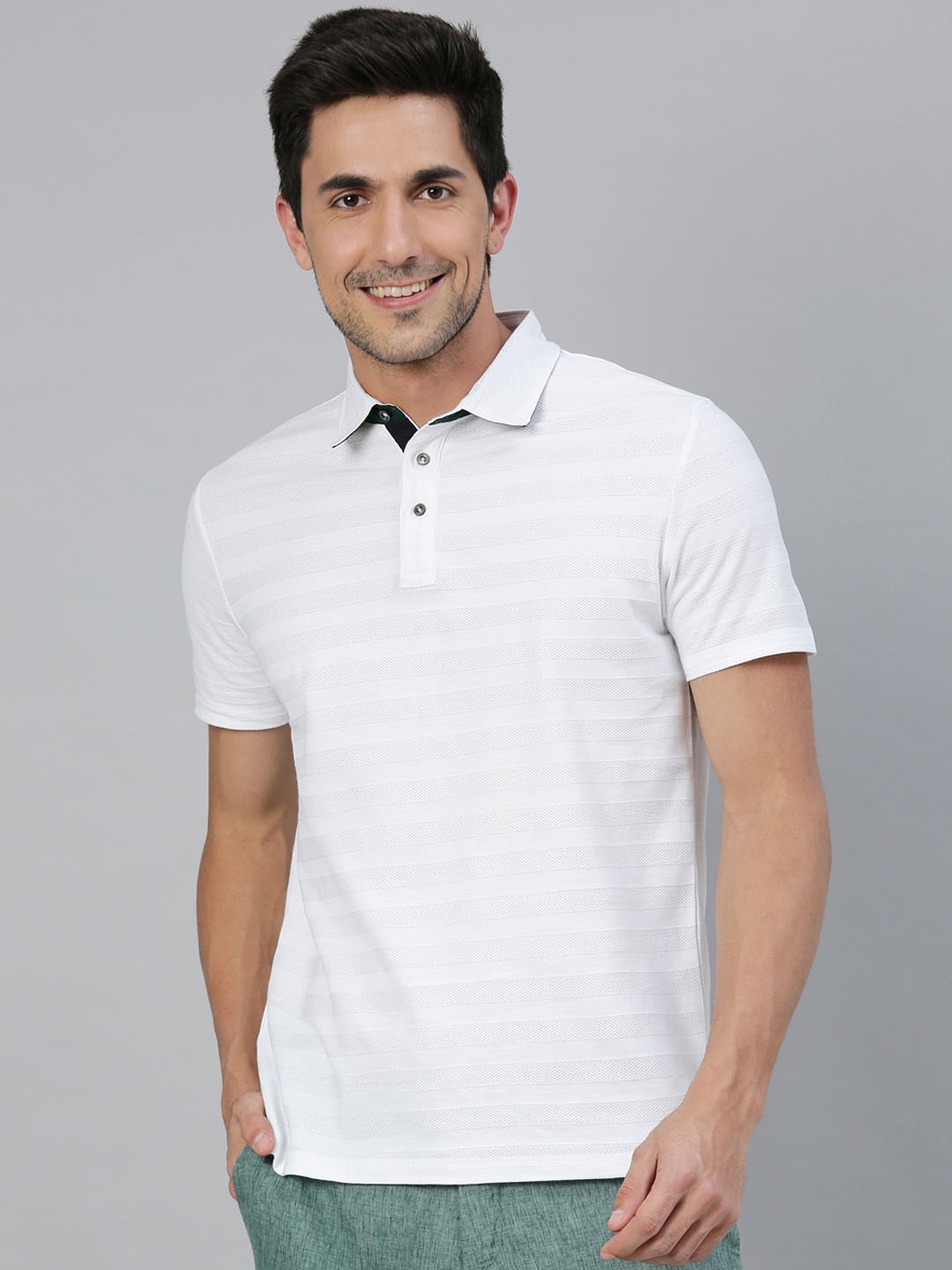 

RARE RABBIT Men White Striped Polo Collar T-shirt