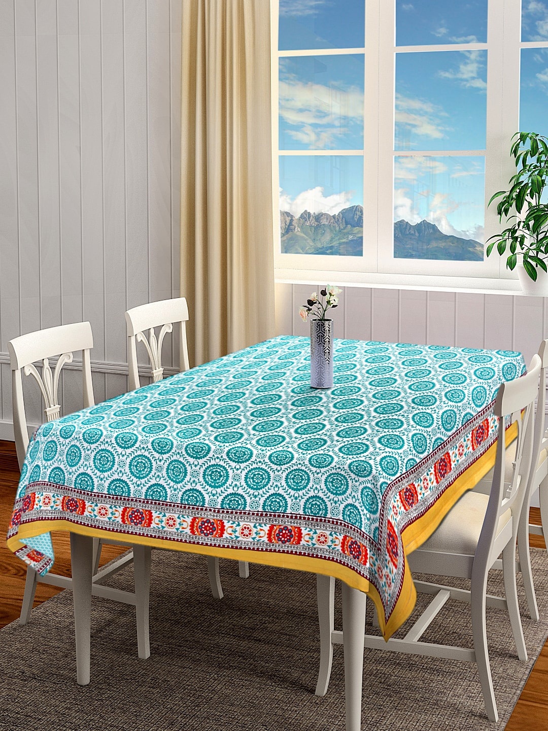 

BLANC9 White & Sea Green Floral Printed Rectangular Cotton Table Cover