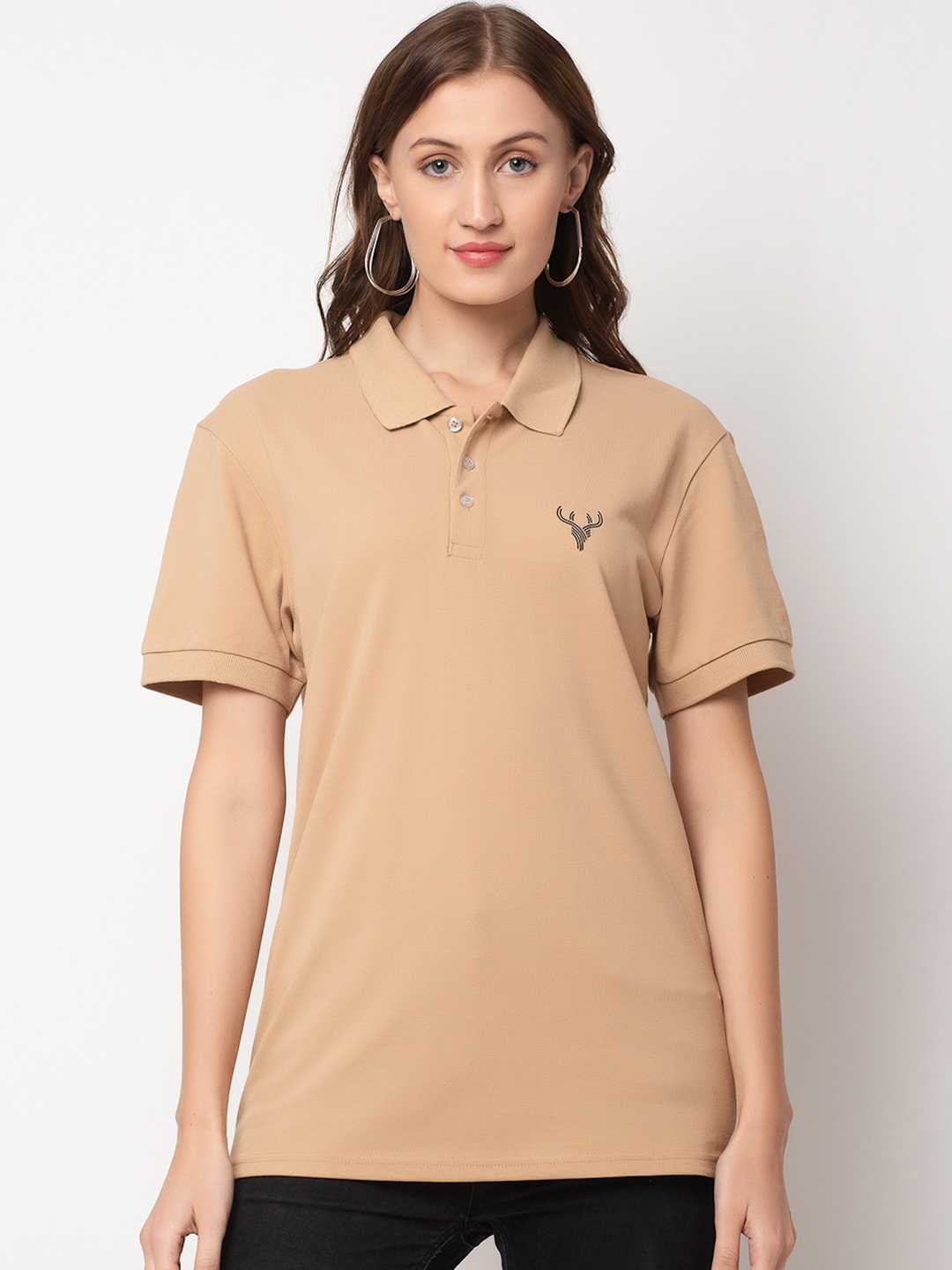 DOOR74 Women Brown Solid Polo Collar T-shirt