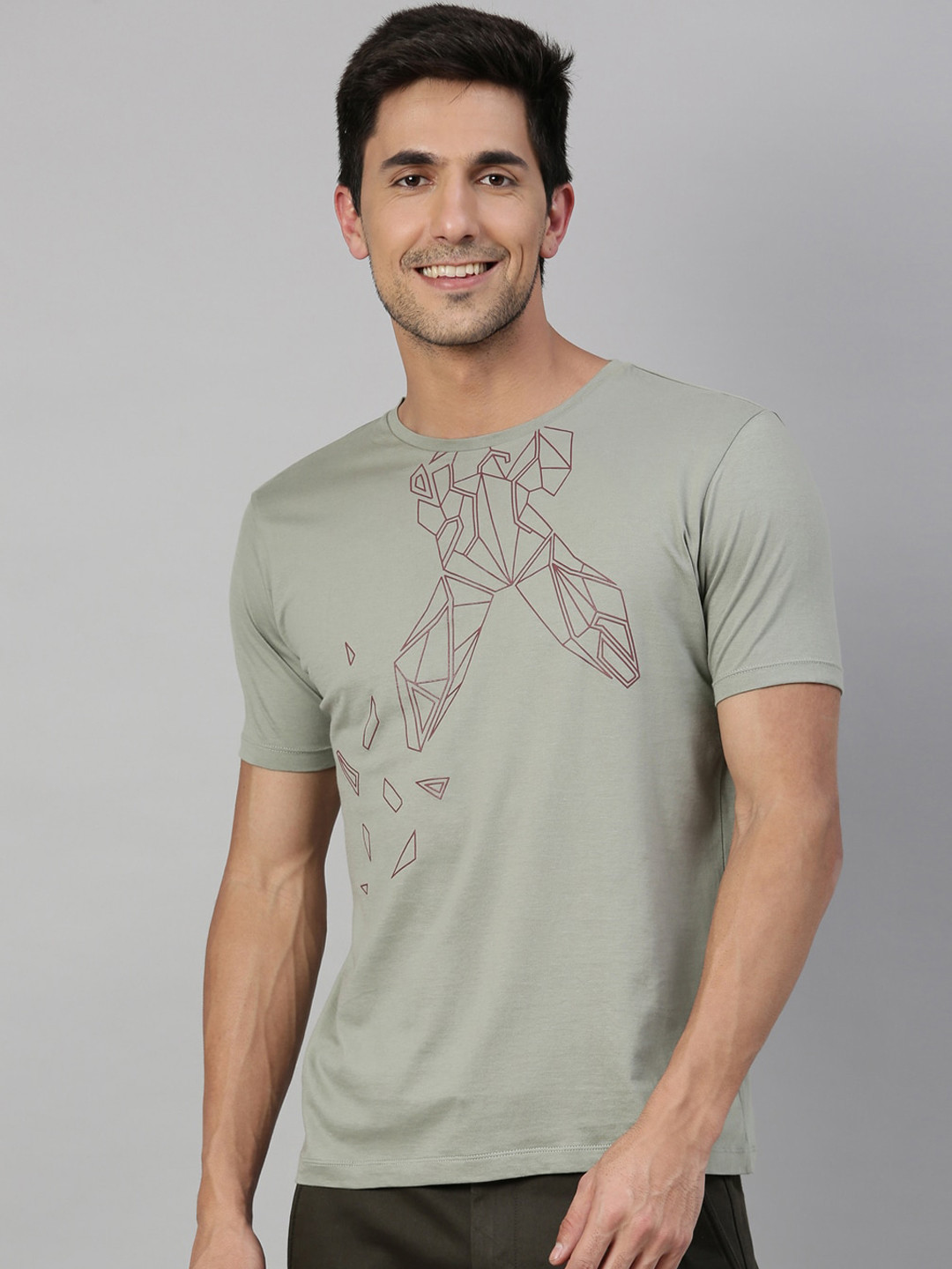 

RARE RABBIT Men Login Slim Fit Round Neck T-Shirt, Olive