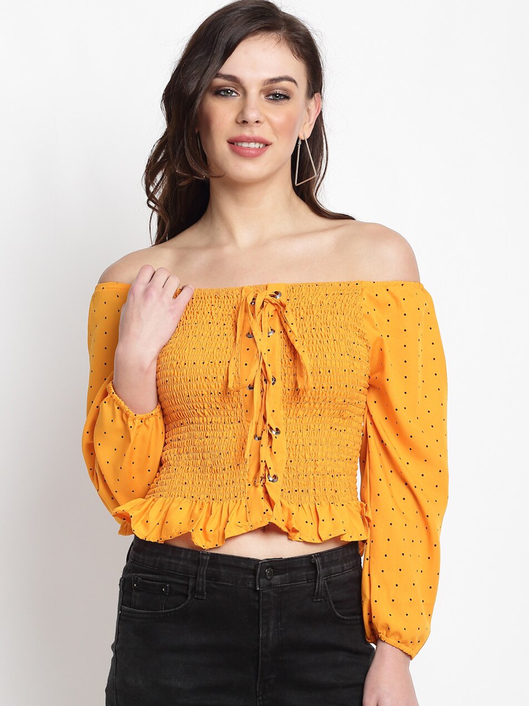 

Miaz Lifestyle Yellow Printed Off-Shoulder Crepe Crop Bardot Top