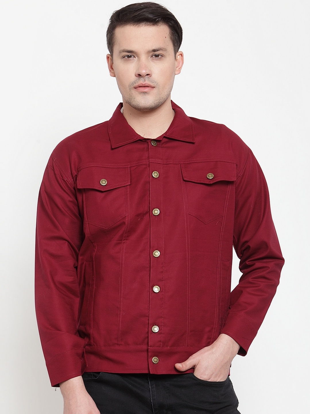 

VOXATI Men Maroon Solid Denim Jacket