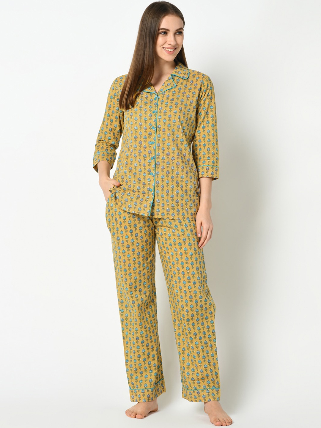 

Azira Women Yellow & Blue Printed Pure Cotton Night Suit