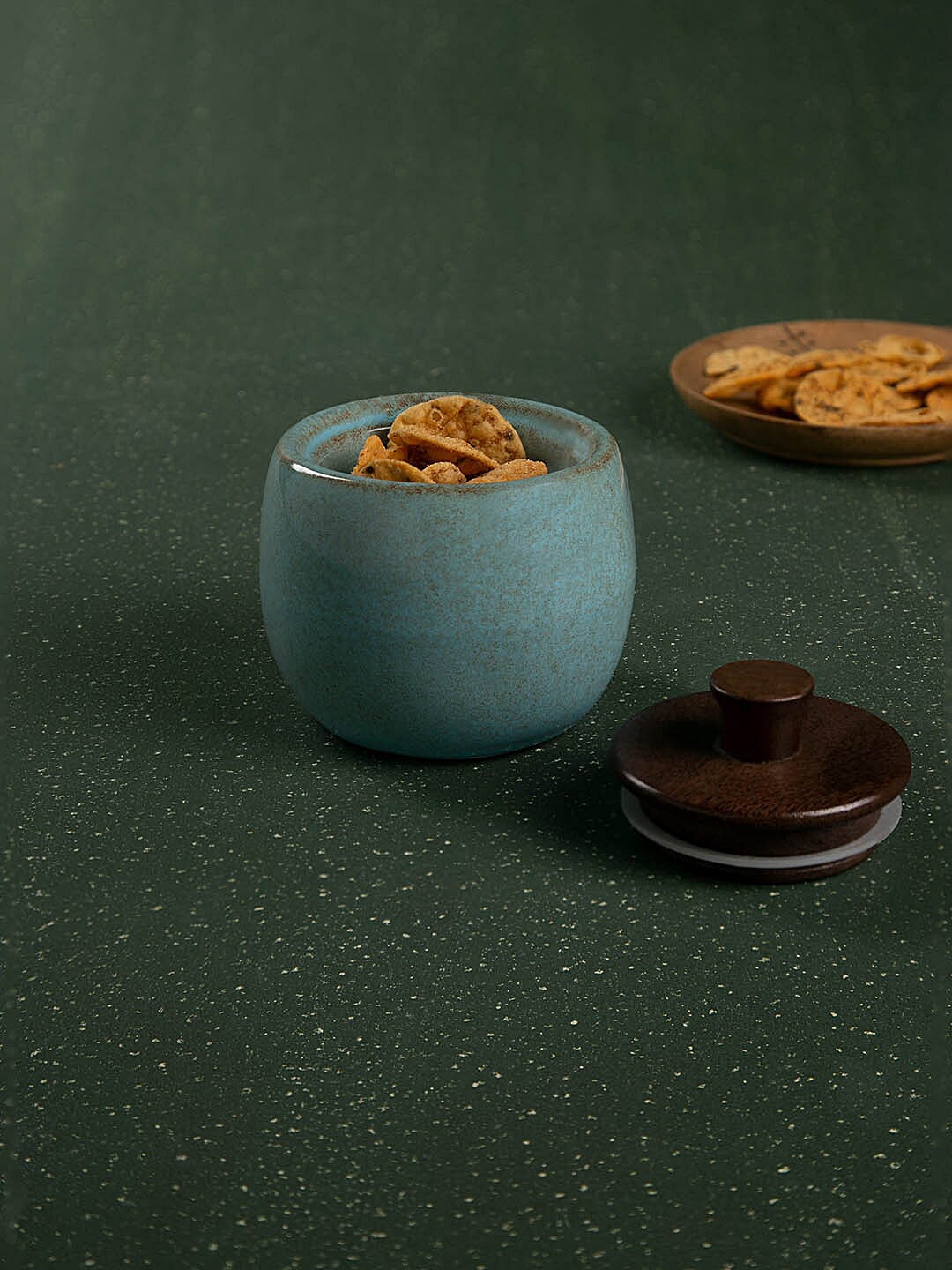 

ellementry Blue & Brown Aqua Rustic Ceramic Jar With Wooden Lid