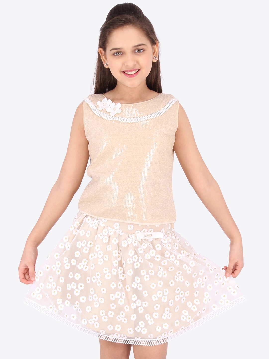 

CUTECUMBER Girls Beige & White Embellished Top with Skirt