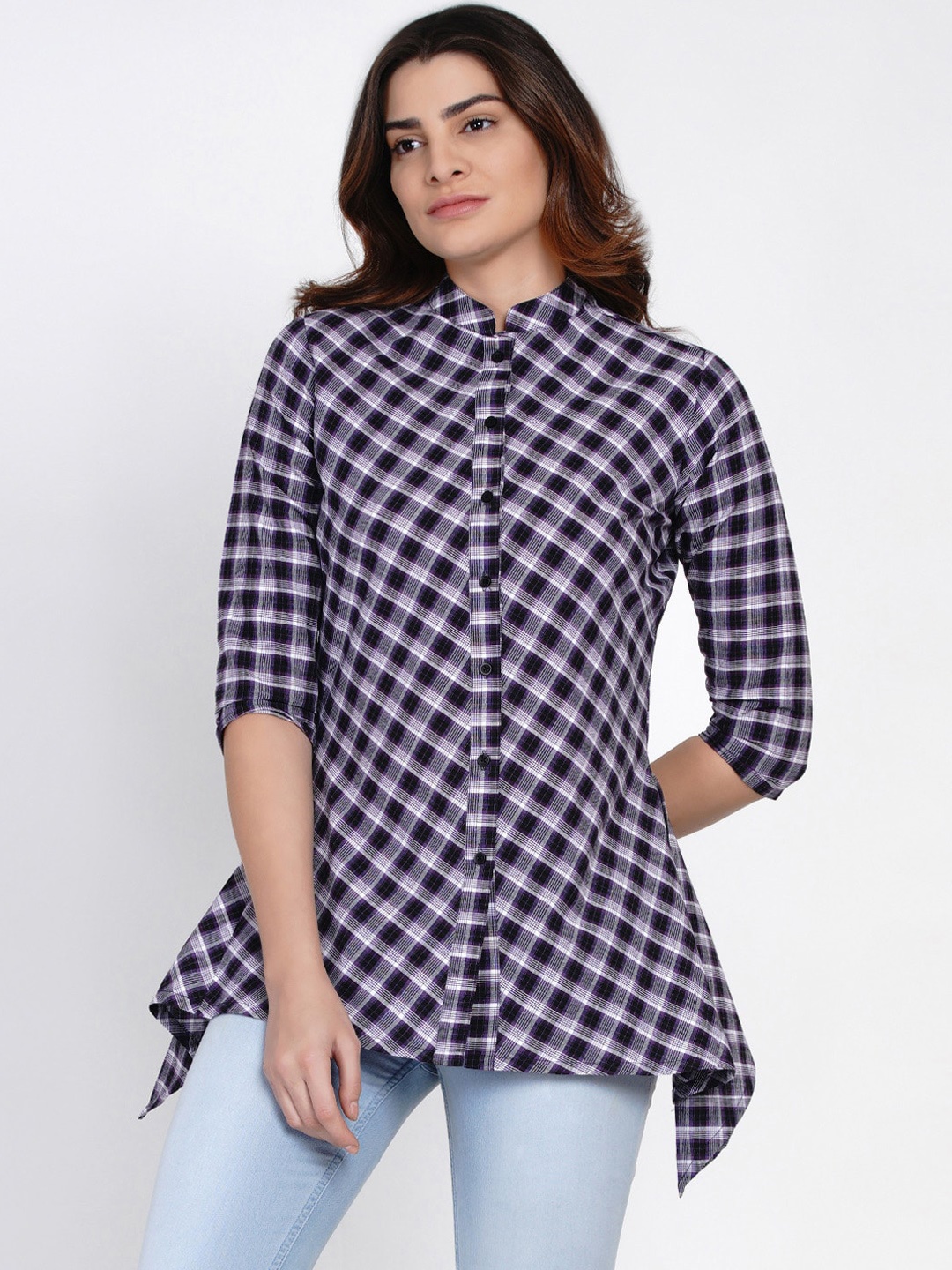 

FABNEST Purple & Black Checked Shirt Style Top