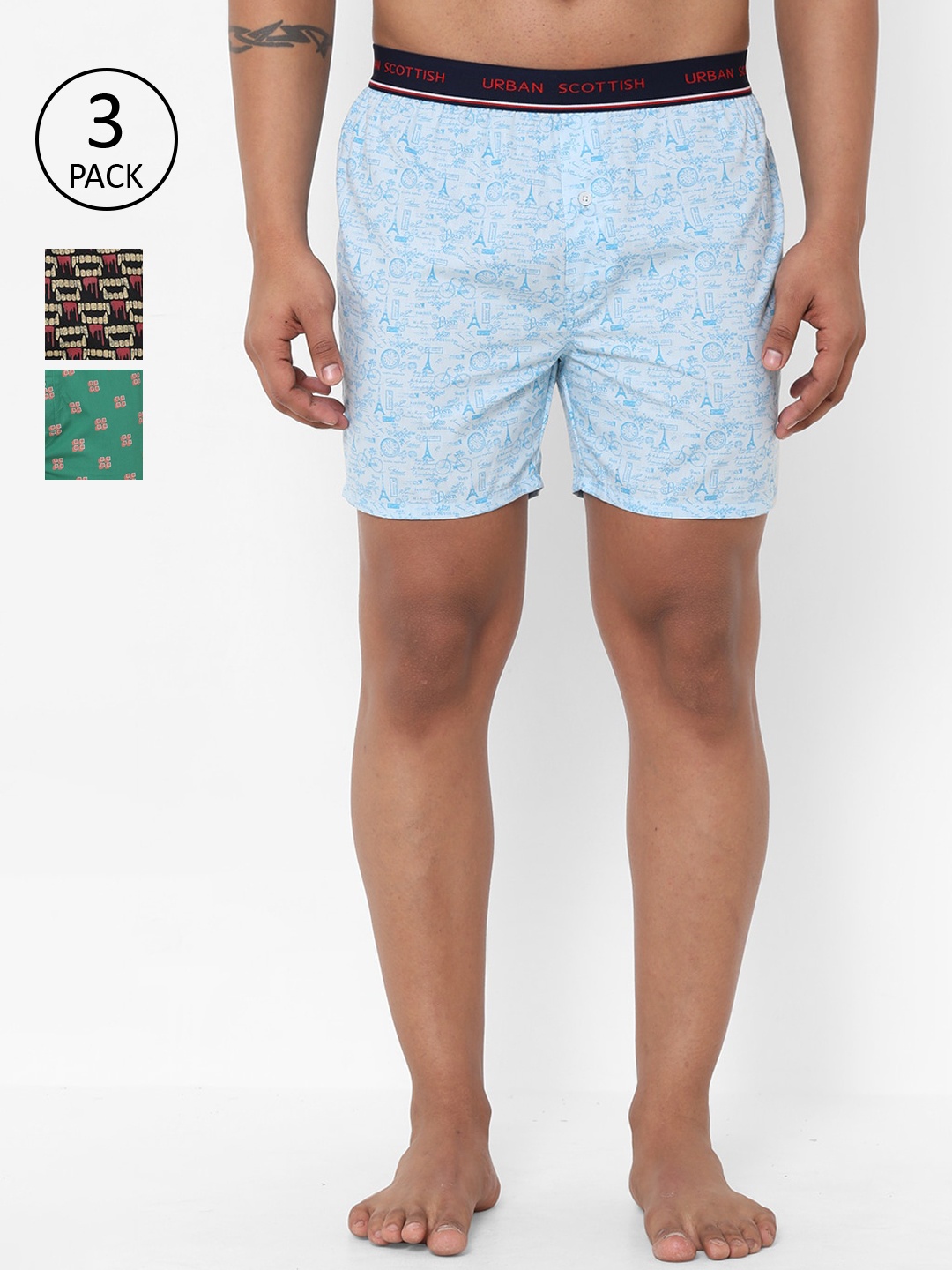 

URBAN SCOTTISH Pack of 3 Printed Boxers USBX2102, Green