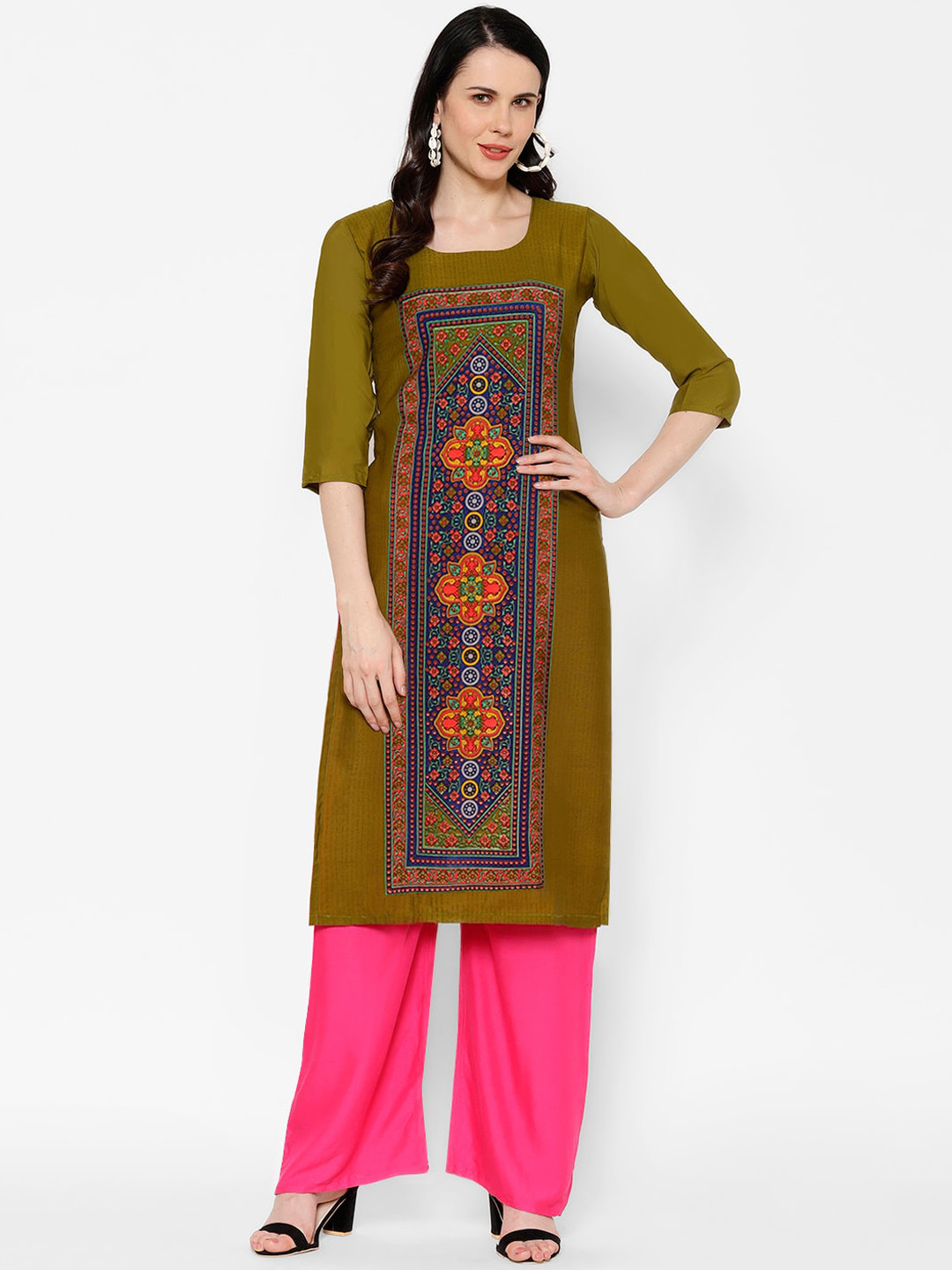

7Threads Women Olive Green Floral Printed Crepe Kurta