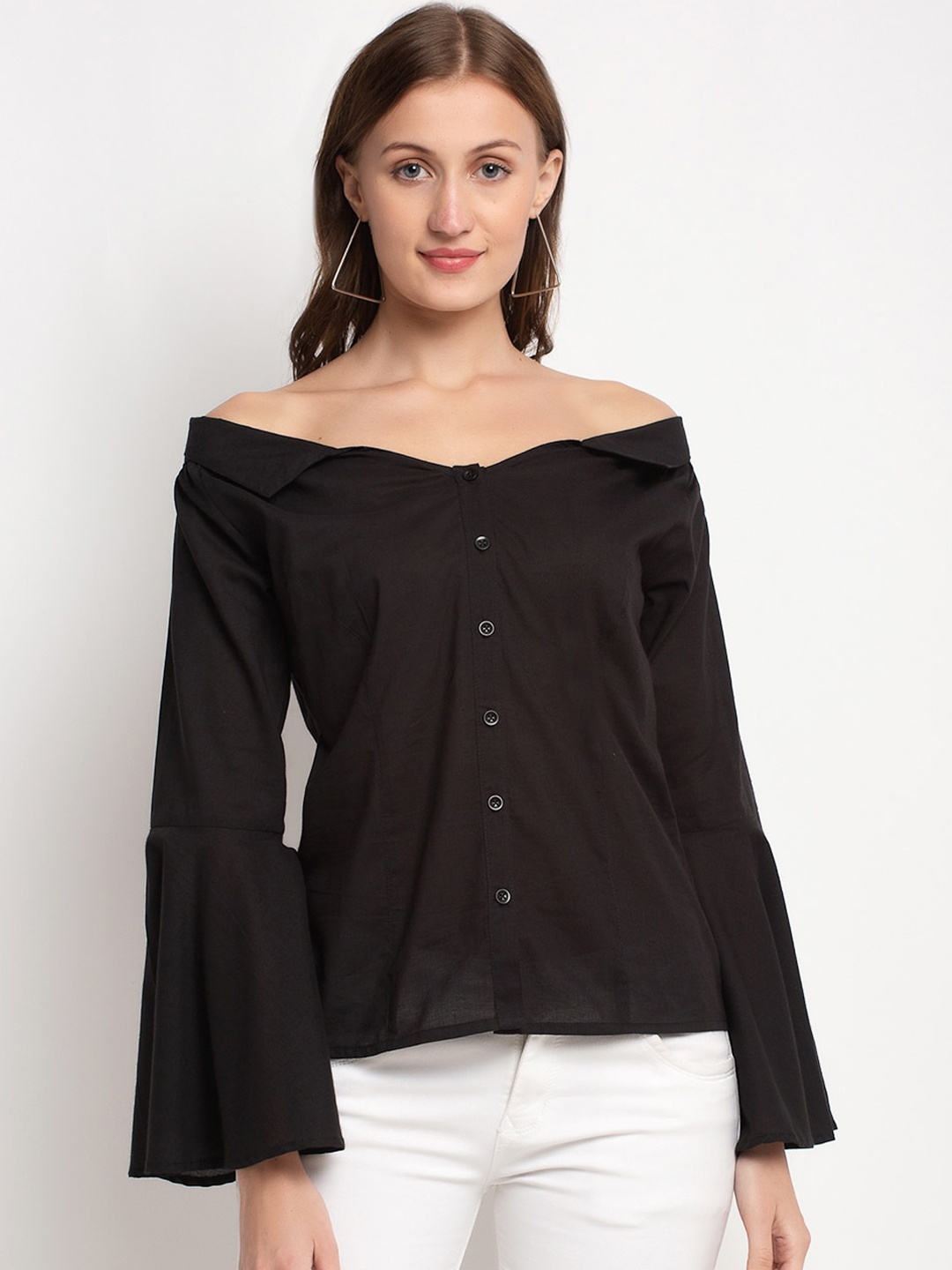 

DOOR74 Black Off-Shoulder Bell Sleeves Bardot Top