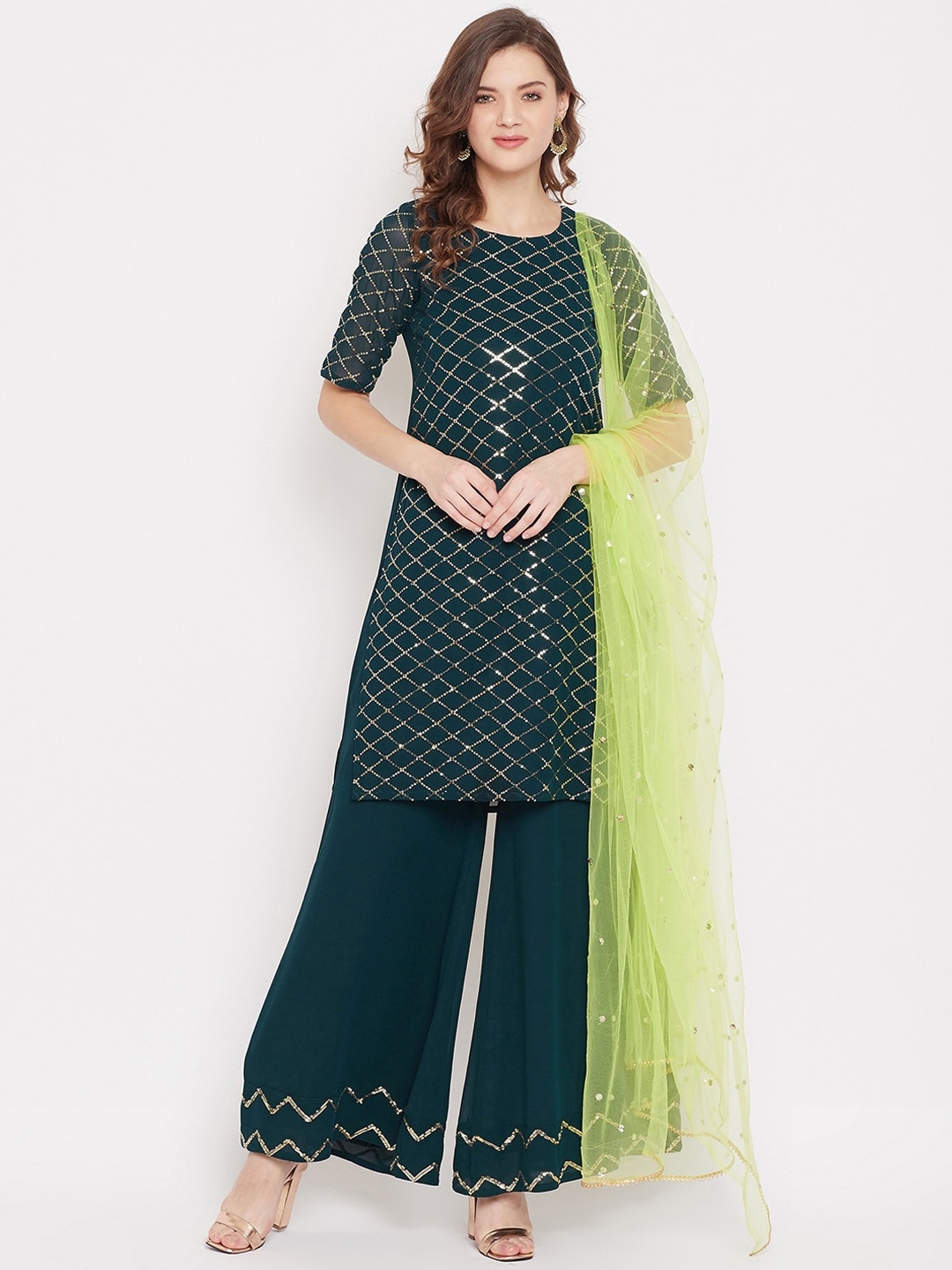

PANIT Women Green & Gold-Toned Printed Kurta with Sharara & Dupatta