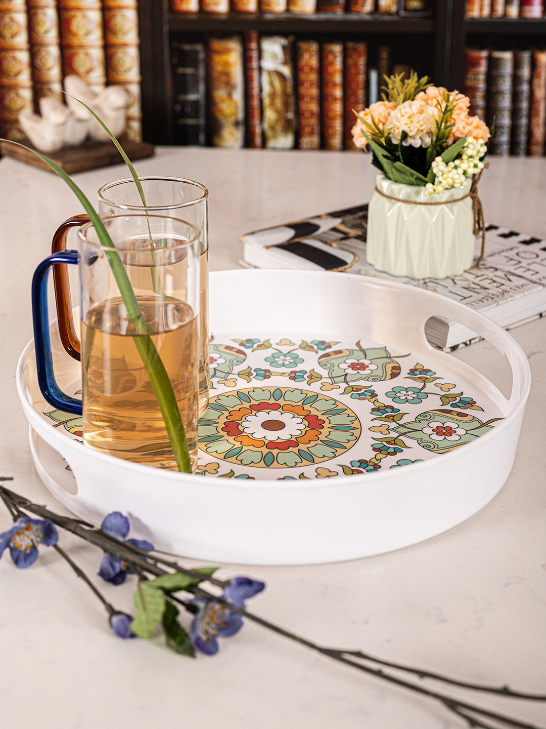 

GOODHOMES White & Green Printed Melamine Round Serving Tray