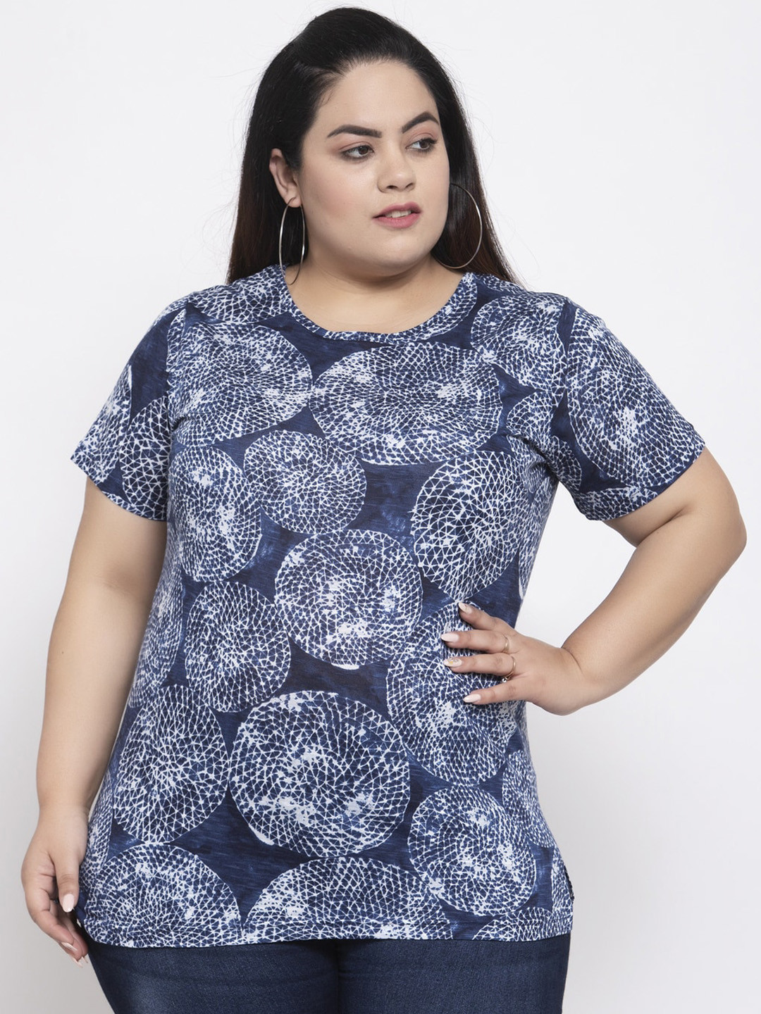 

plusS Women Blue Printed Round Neck T-shirt