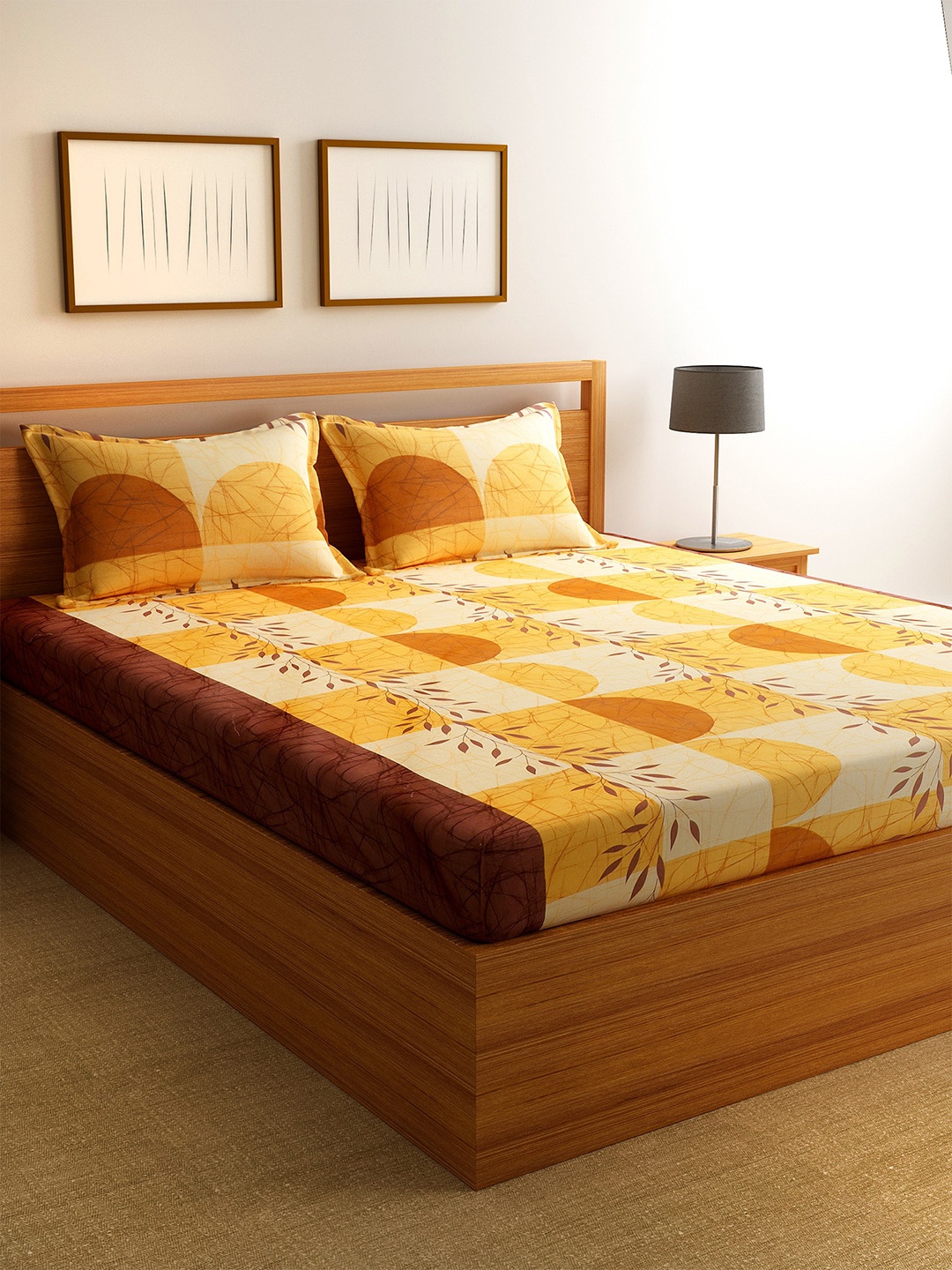 

Florida Yellow & Cream-Coloured Floral 144 TC Polycotton 1 King Bedsheet with 2 Pillow Covers