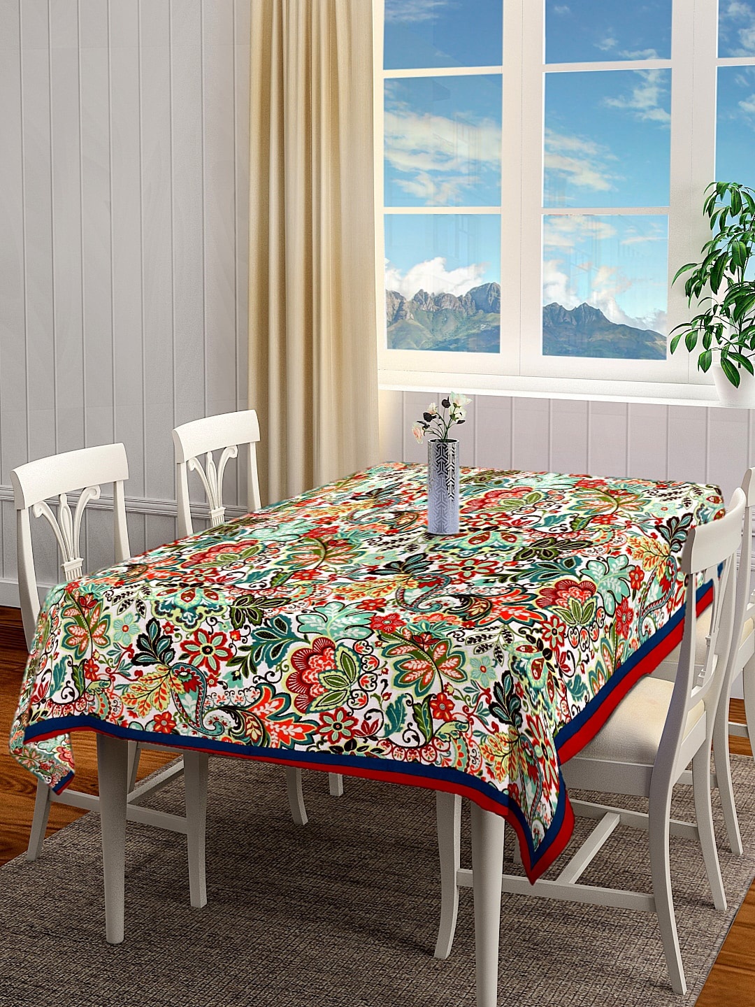 

BLANC9 White & Red Floral Printed Rectangular Cotton Table Cover