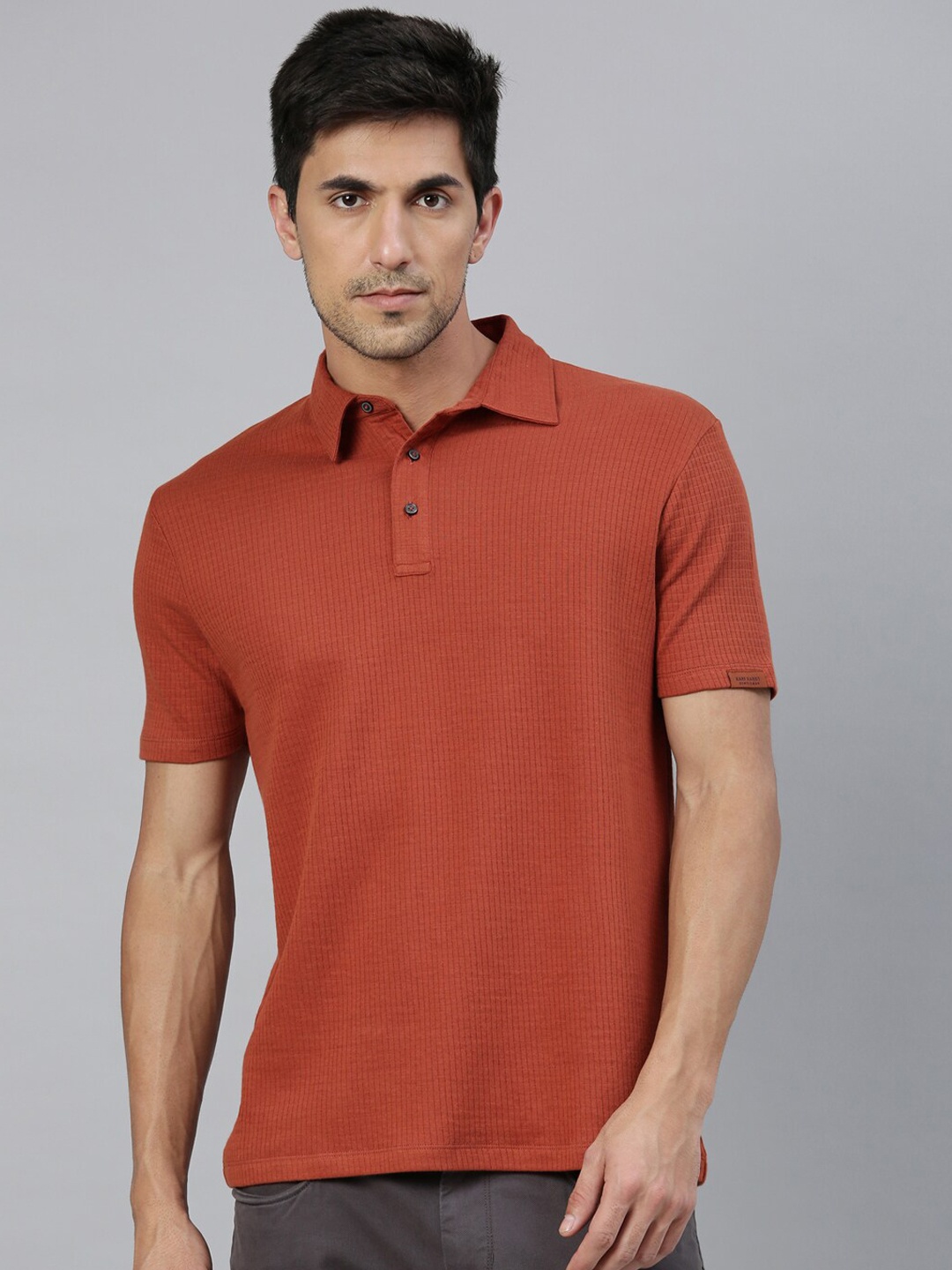 RARE RABBIT Men Rust Self Design Polo Collar T-shirt