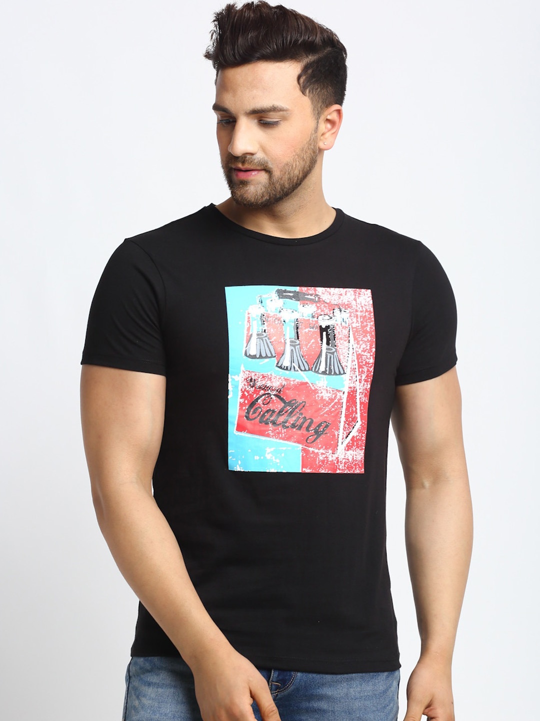 

DOOR74 Men Black Printed Round Neck T-shirt