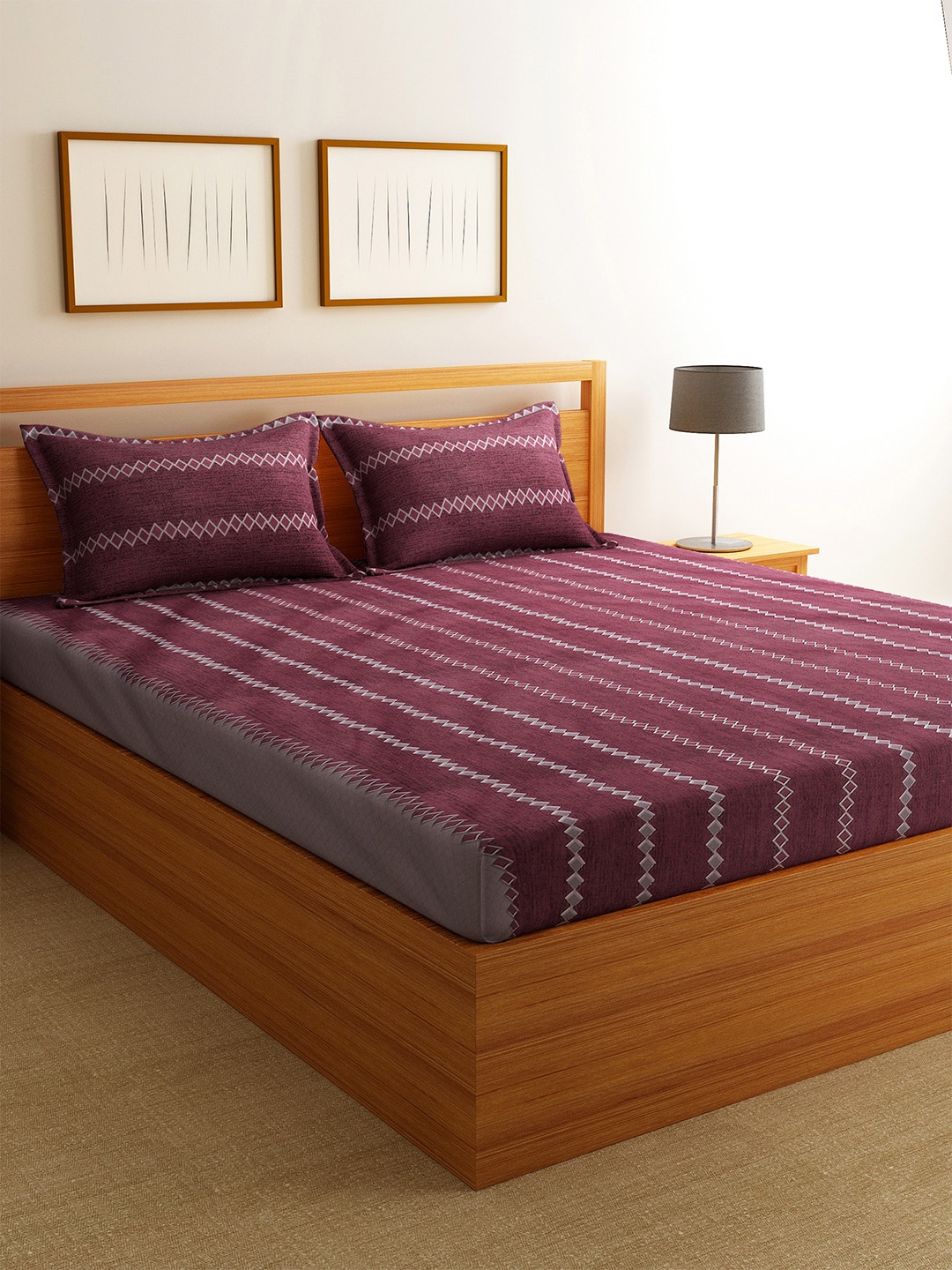 

Florida Burgundy & Grey Striped 144 TC Cotton 1 Queen Bedsheet with 2 Pillow Covers