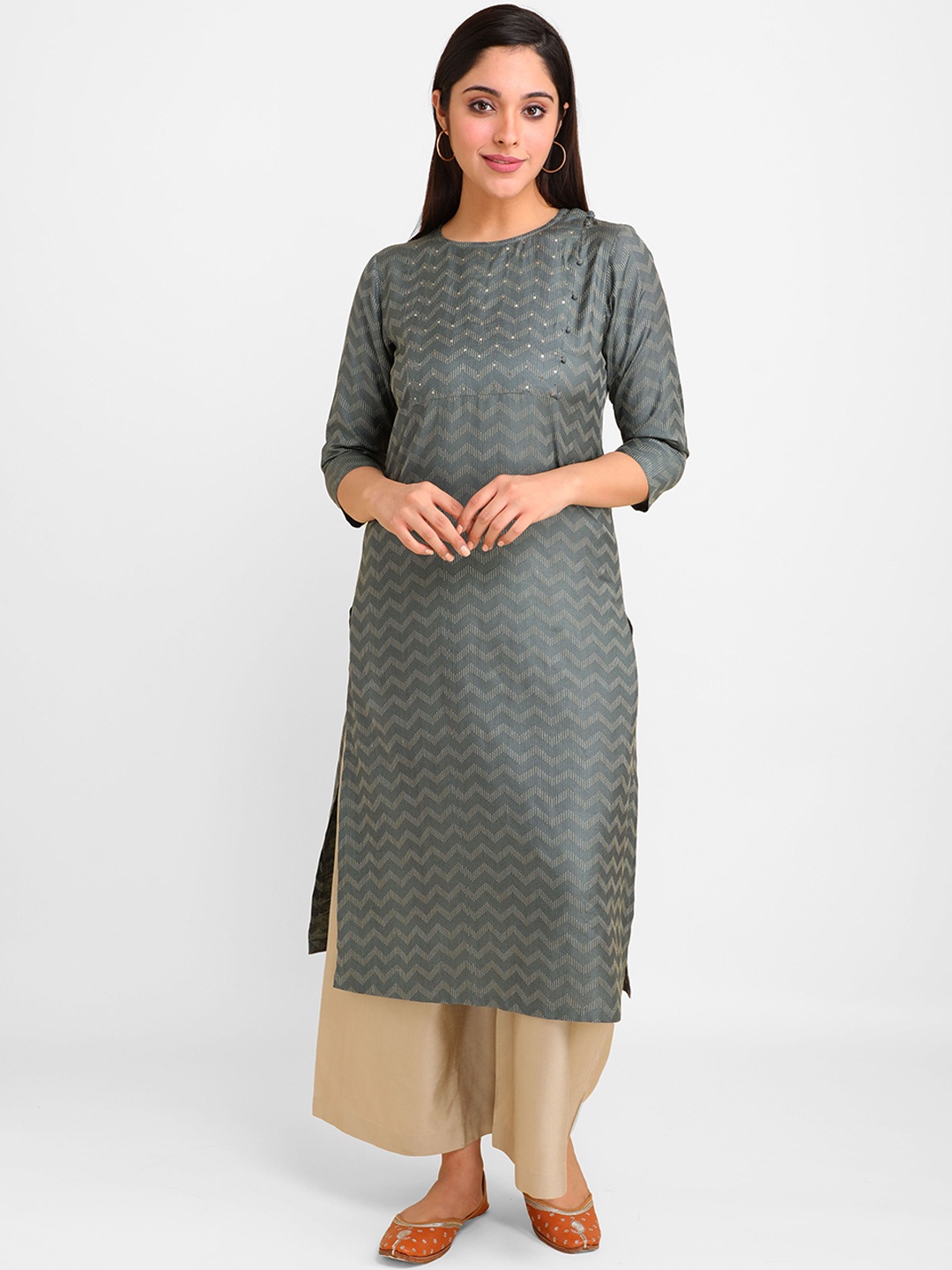

lal10 Women Grey Woven Design Dobby Straight Kurta