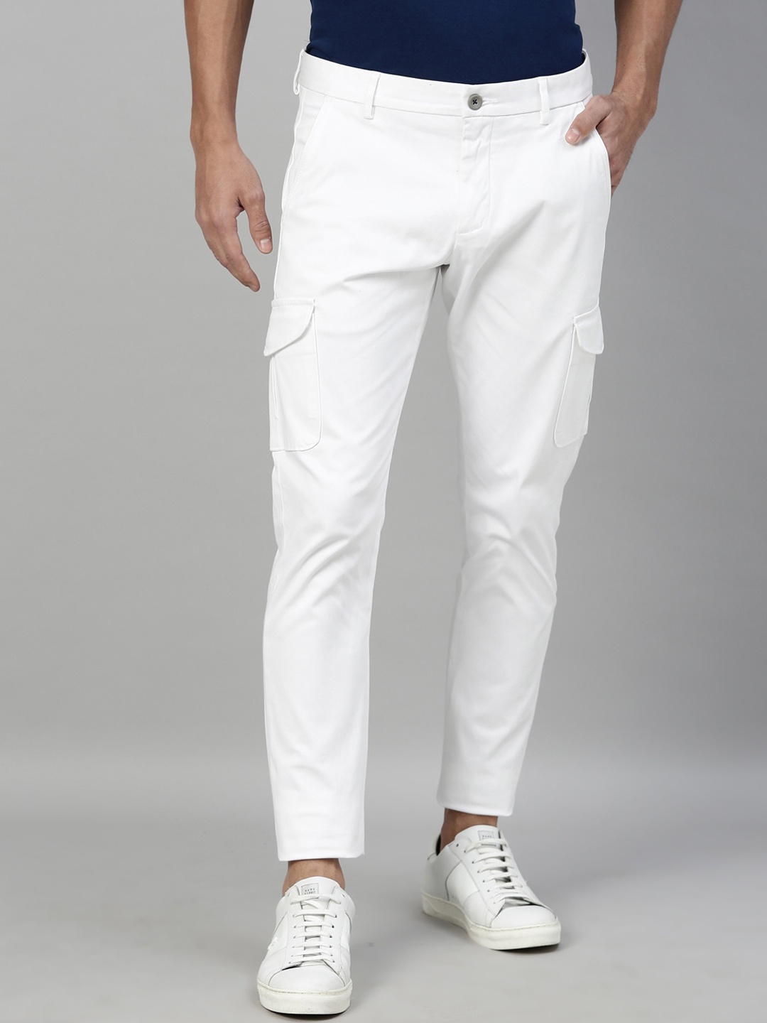 

RARE RABBIT Men White Regular Fit Solid Cargos
