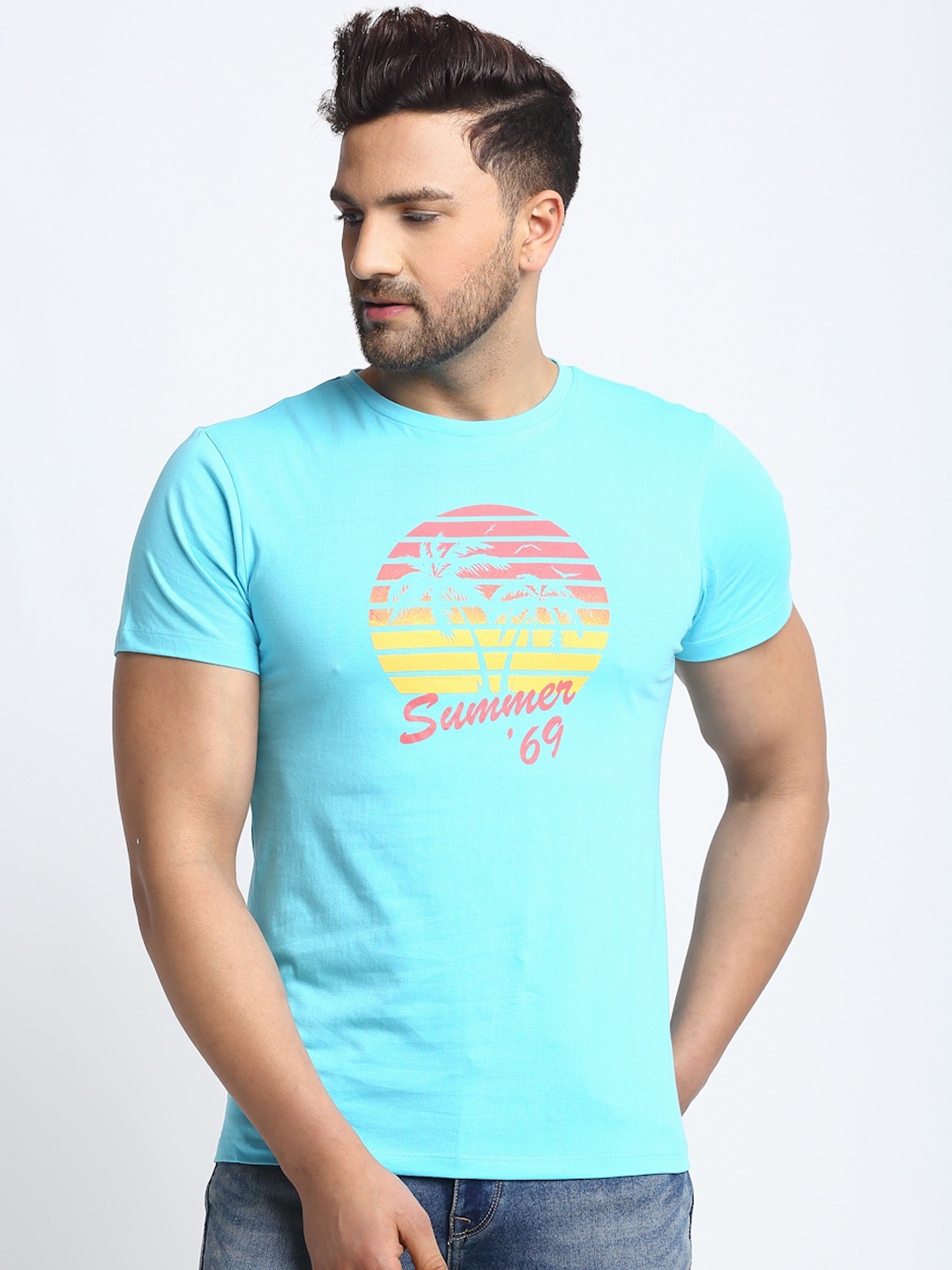 

DOOR74 Men Blue Printed Round Neck T-shirt