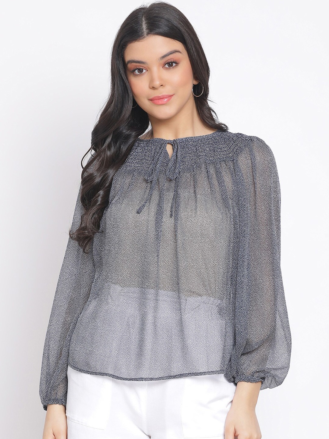 

Oxolloxo Navy Blue Printed Tie-Up Neck Top