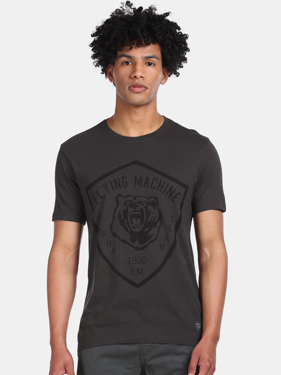 

Flying Machine Men Grey Black Printed Round Neck Cotton Pure Cotton T-shirt