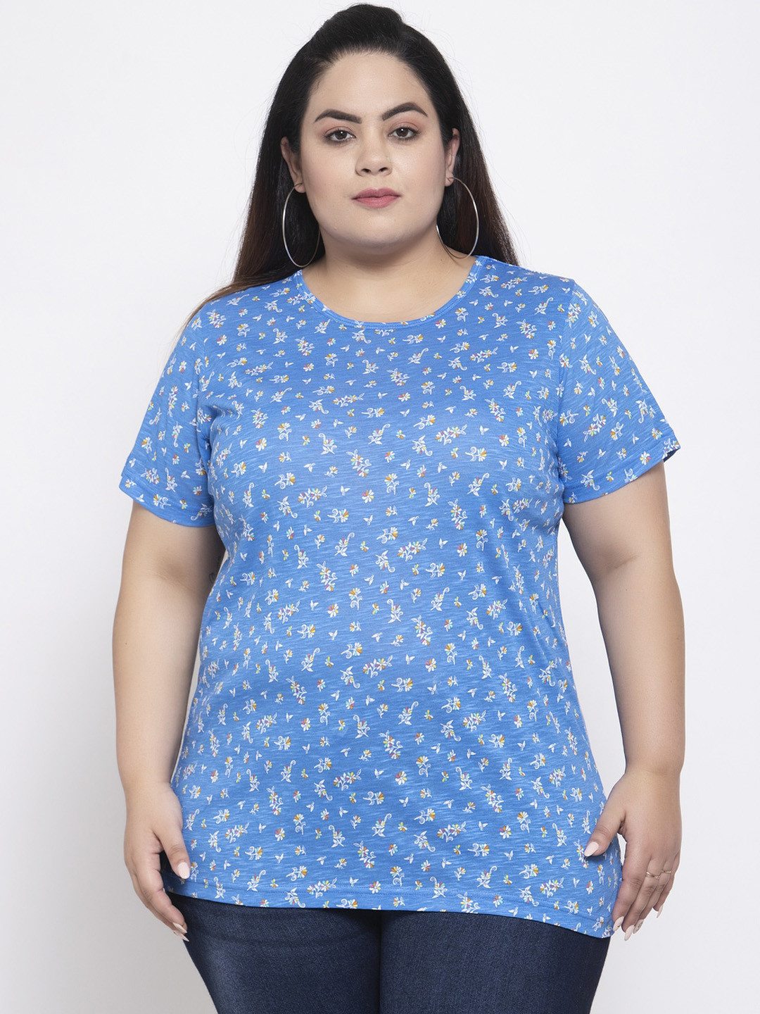 

plusS Women Blue Printed Round Neck T-shirt