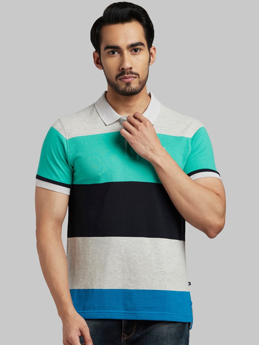 

Parx Men Grey Colourblocked Polo Collar T-shirt