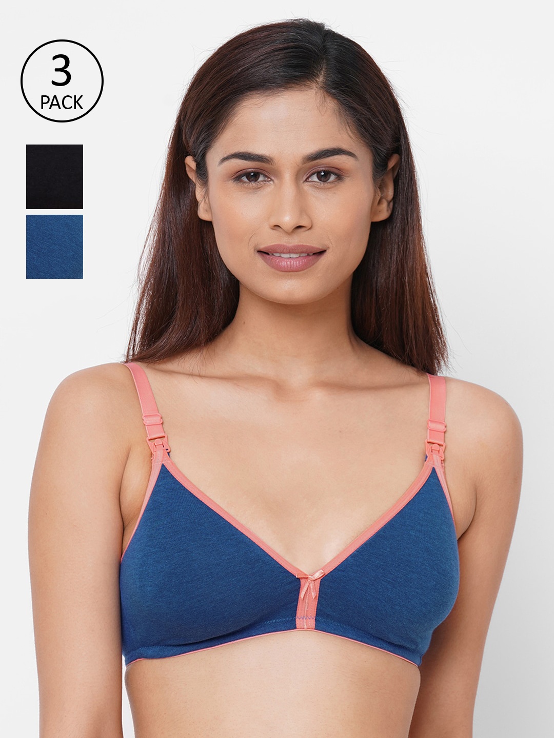 

Inner Sense Blue & Black Solid Non-Wired Non Padded Pack of 3 Maternity Bra