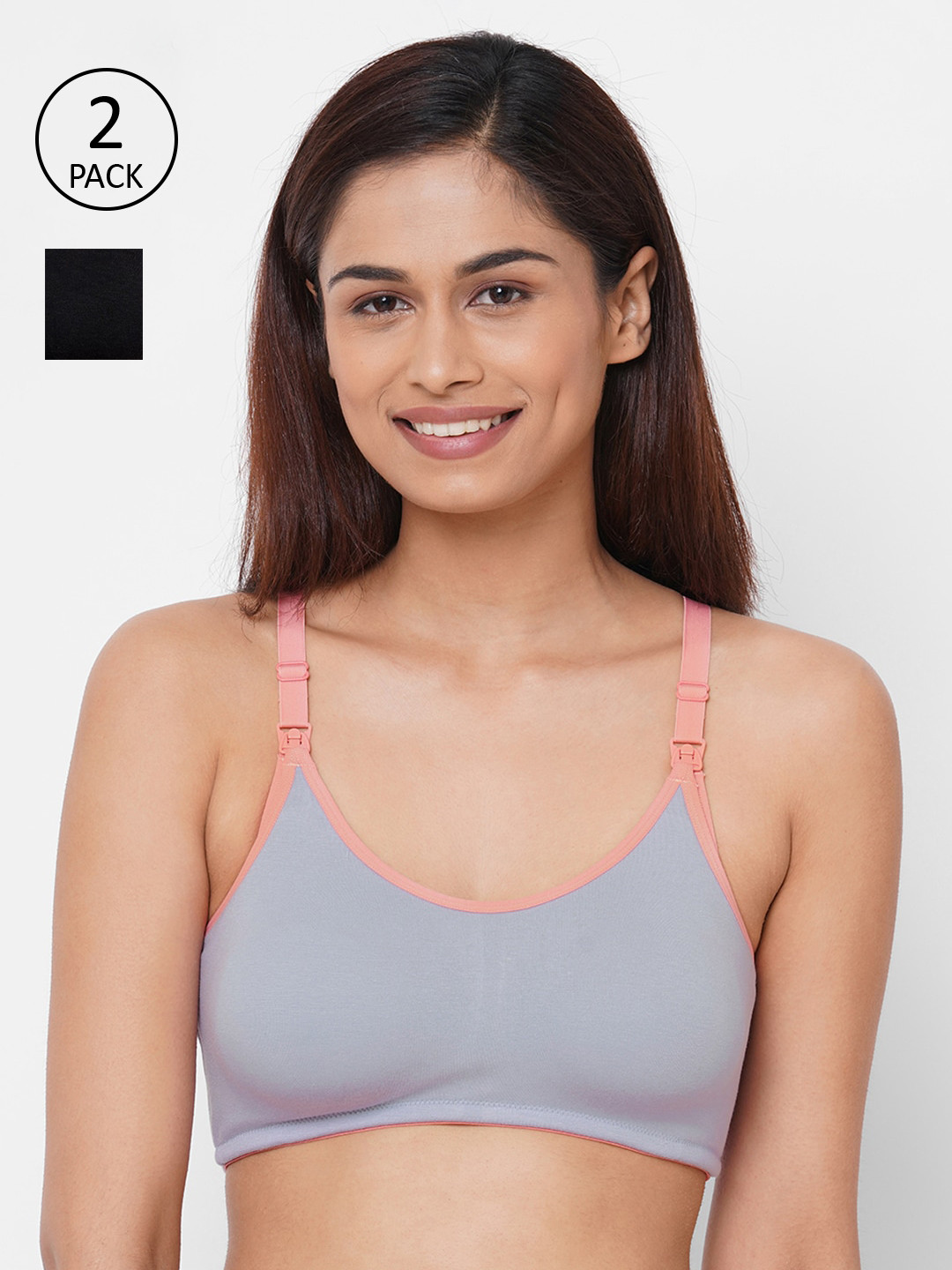 

Inner Sense Grey & Black Solid Non-Wired Non Padded Maternity Sustainable Bra Pack of 2