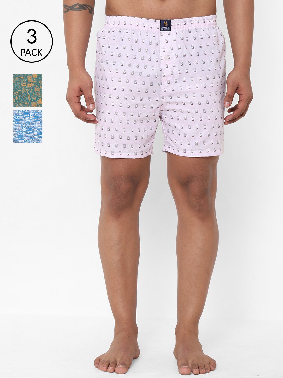 

URBAN SCOTTISH Men Pack Of 3 Printed Boxers USBX2106, White