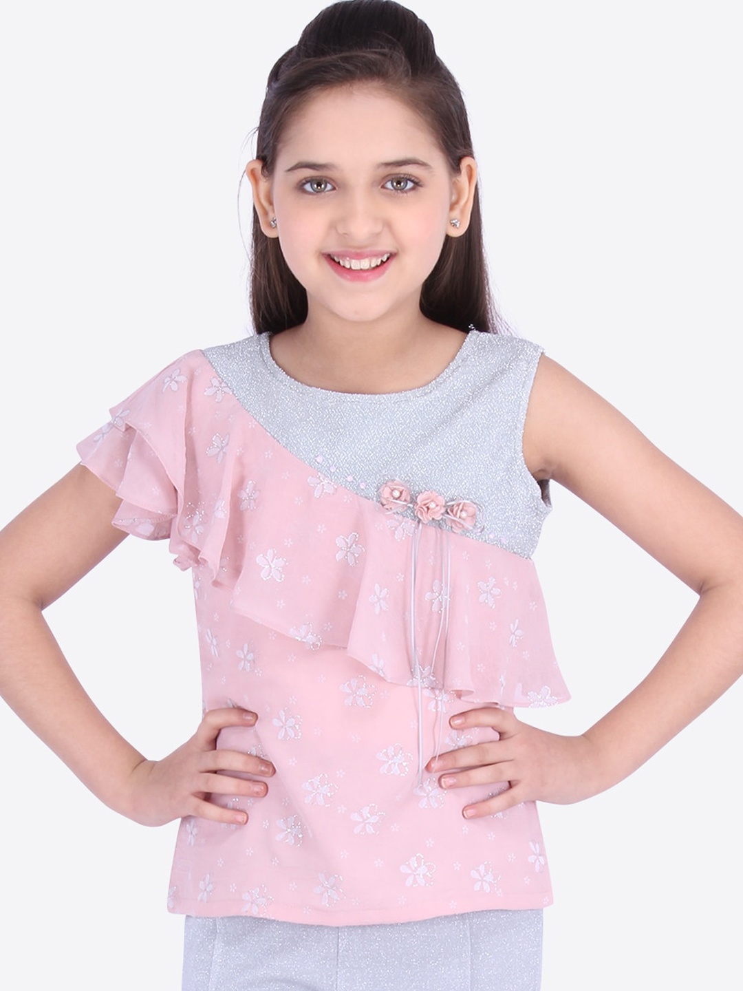 

CUTECUMBER Pink Floral Printed Georgette Tiered Top