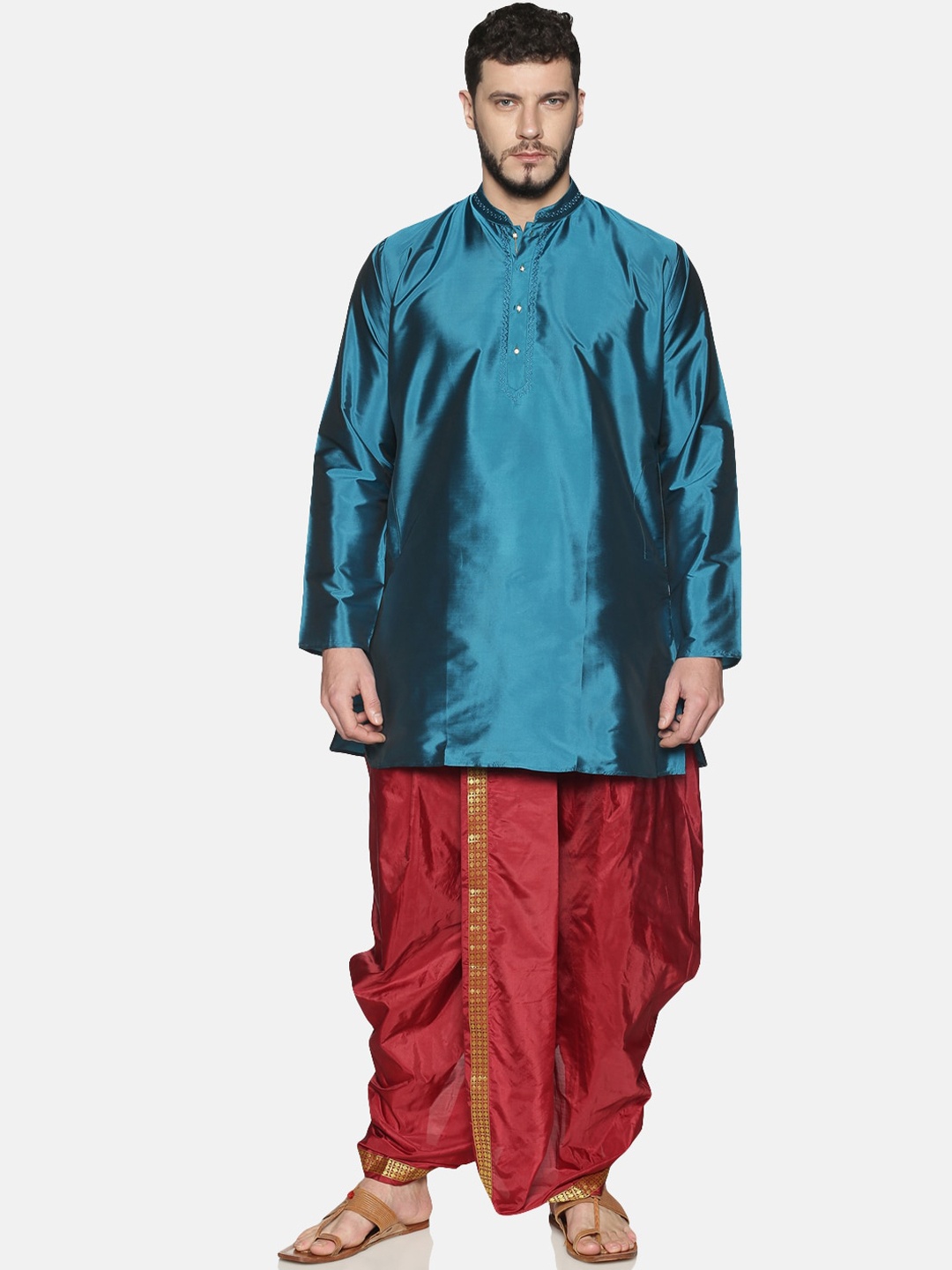 

TATTVA Men Blue & Red Solid Kurta with Dhoti Pants