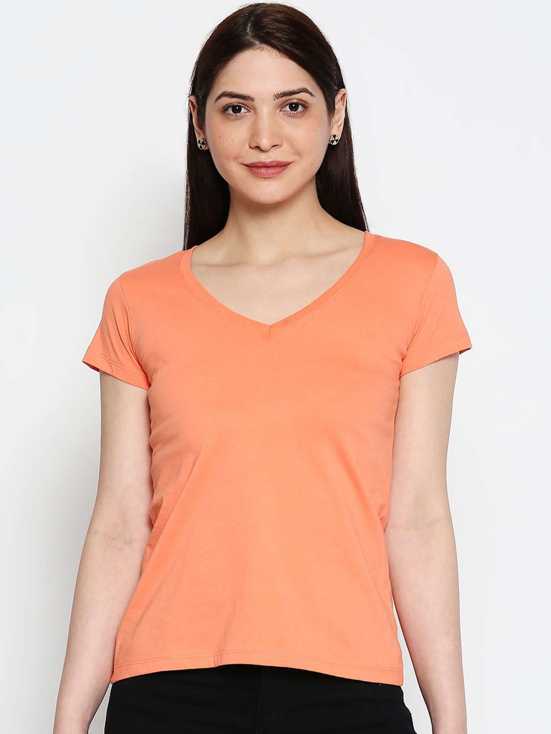 

AMMARZO Peach-Coloured V-Neck Solid Regular Top