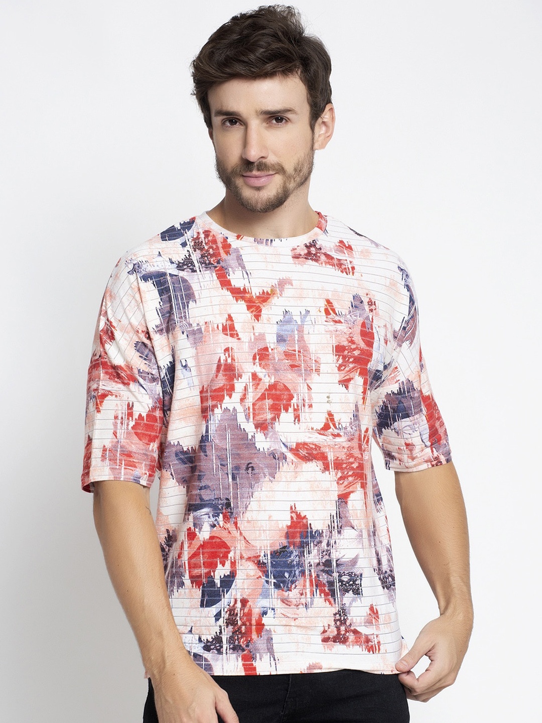 

DOOR74 Men Multicoloured Printed Round Neck T-shirt, Multi