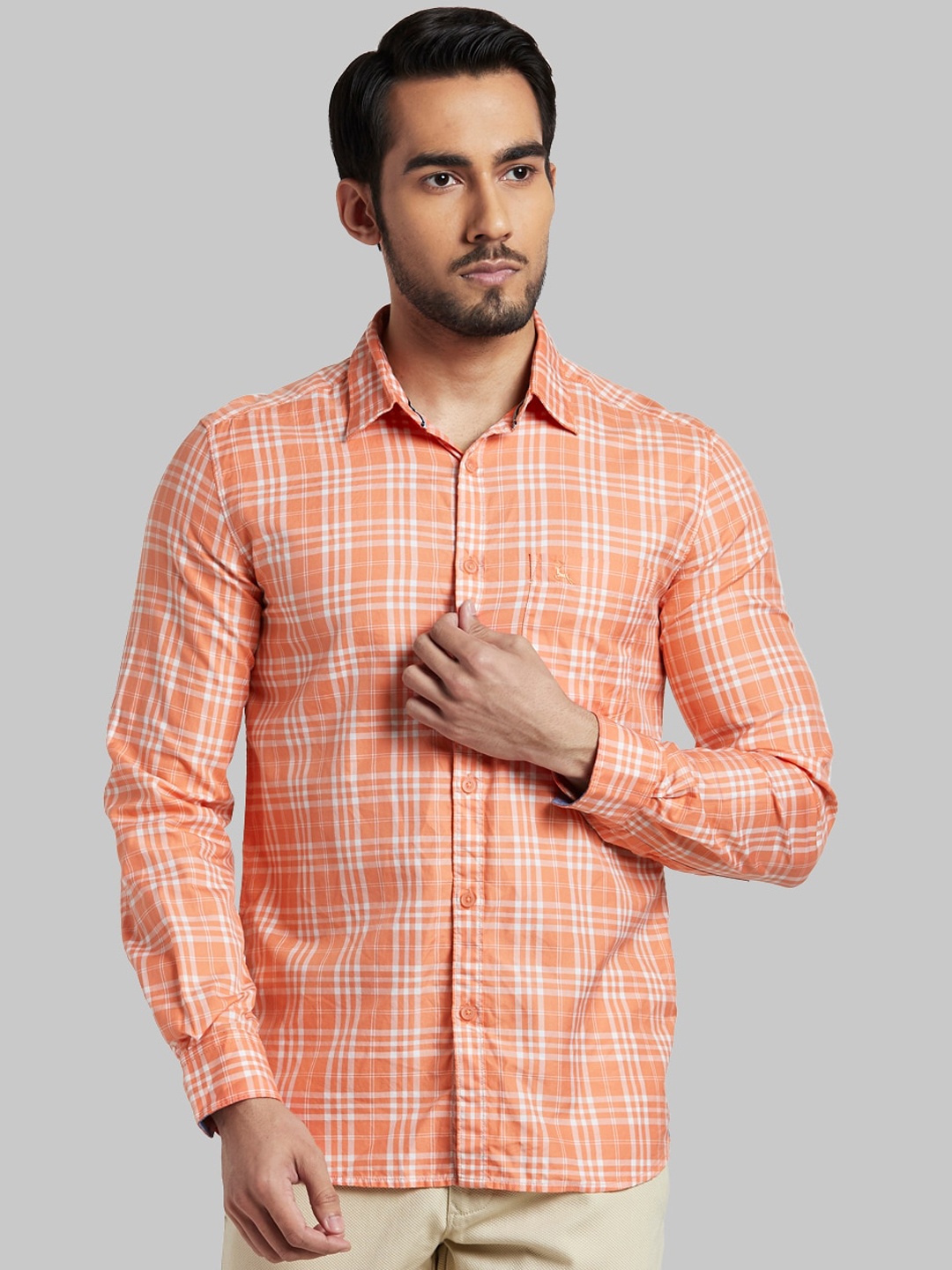 

Parx Men Orange & White Slim Fit Checked Casual Shirt
