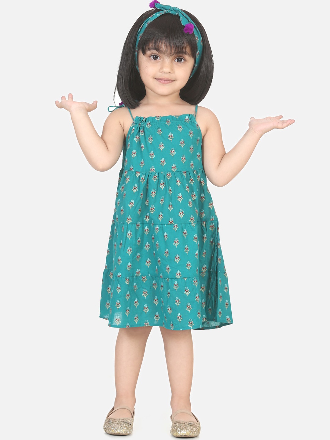 BownBee Girls Green Printed A-Line Dress