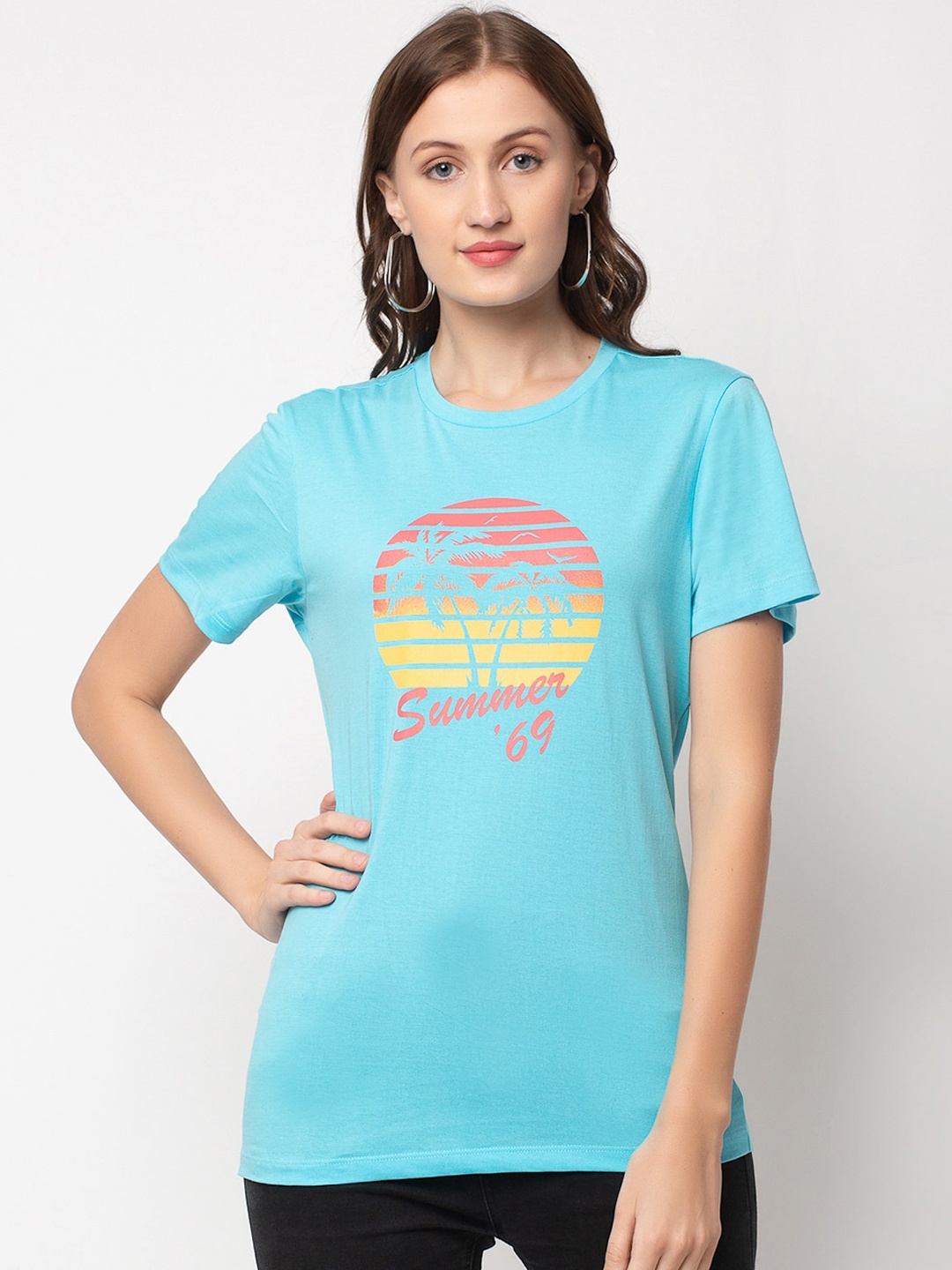 

DOOR74 Women Blue Printed Round Neck T-shirt