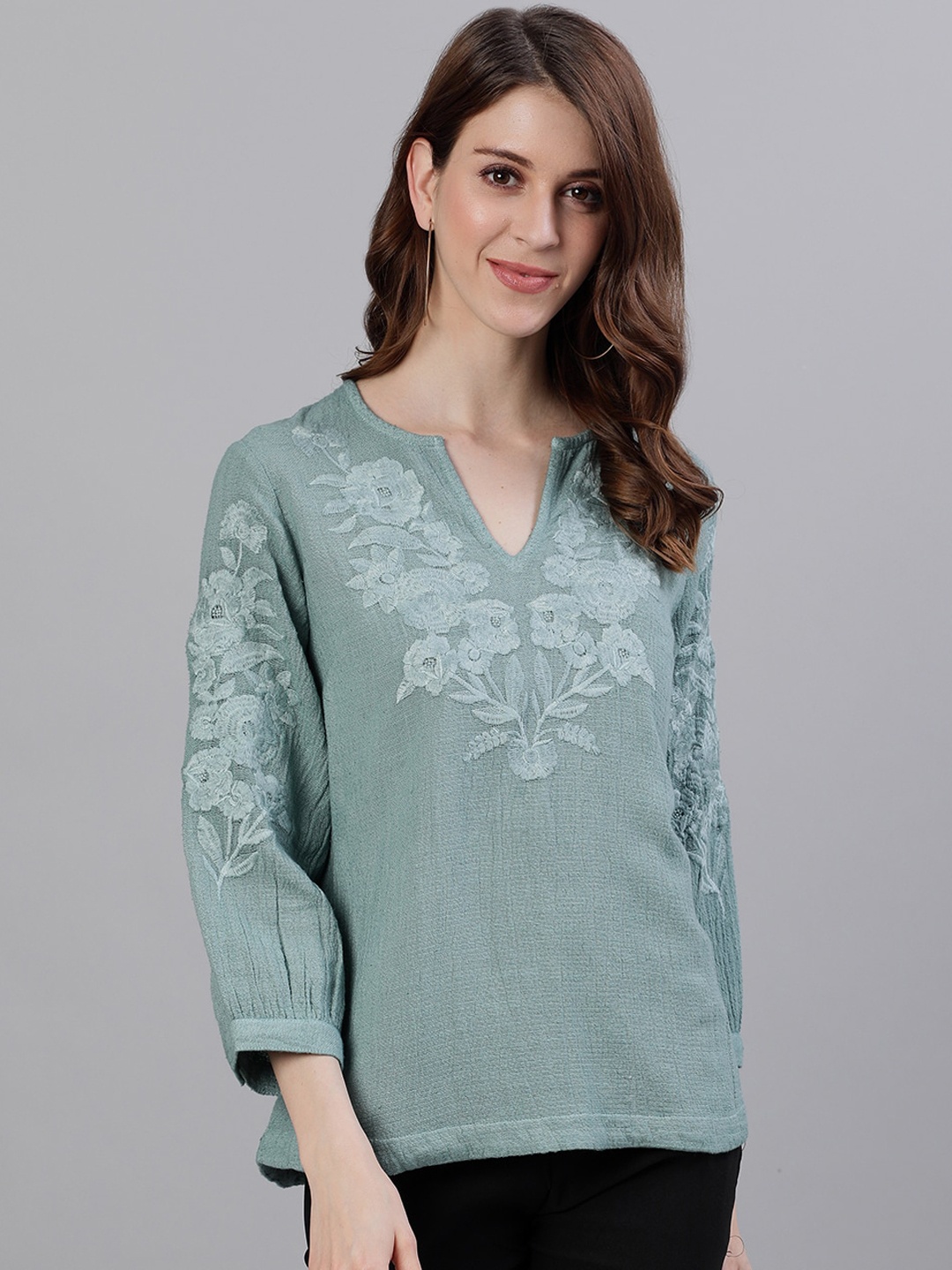 

Ishin Sea Green Floral Embroidered Top