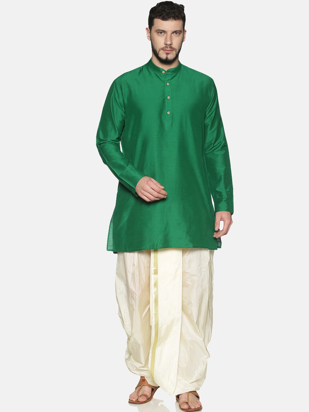 

TATTVA Men Green & Cream-Coloured Solid Kurta with Dhoti Pants