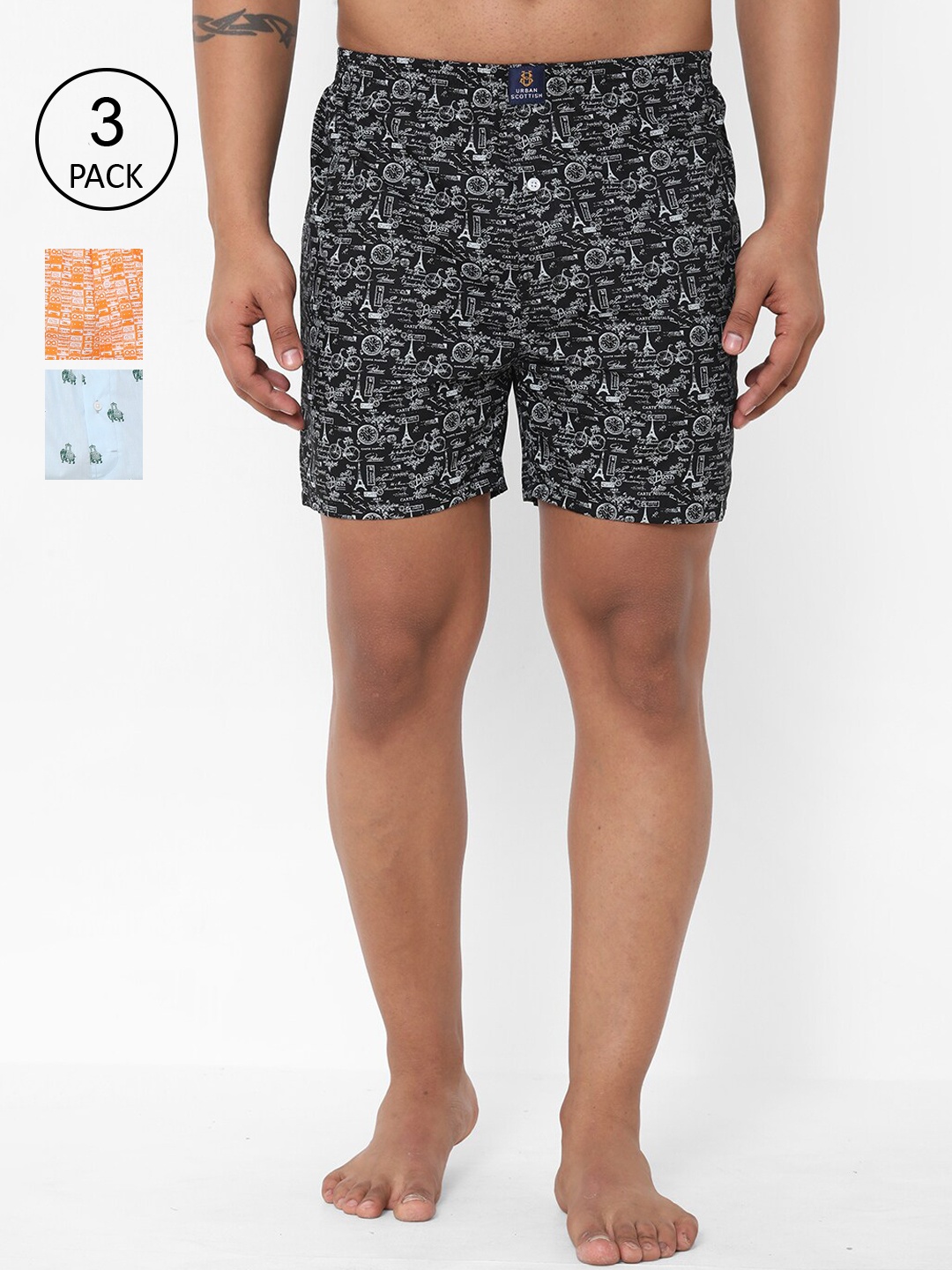 

URBAN SCOTTISH Men Pack Of 3 Printed Boxers USBX2103, Blue