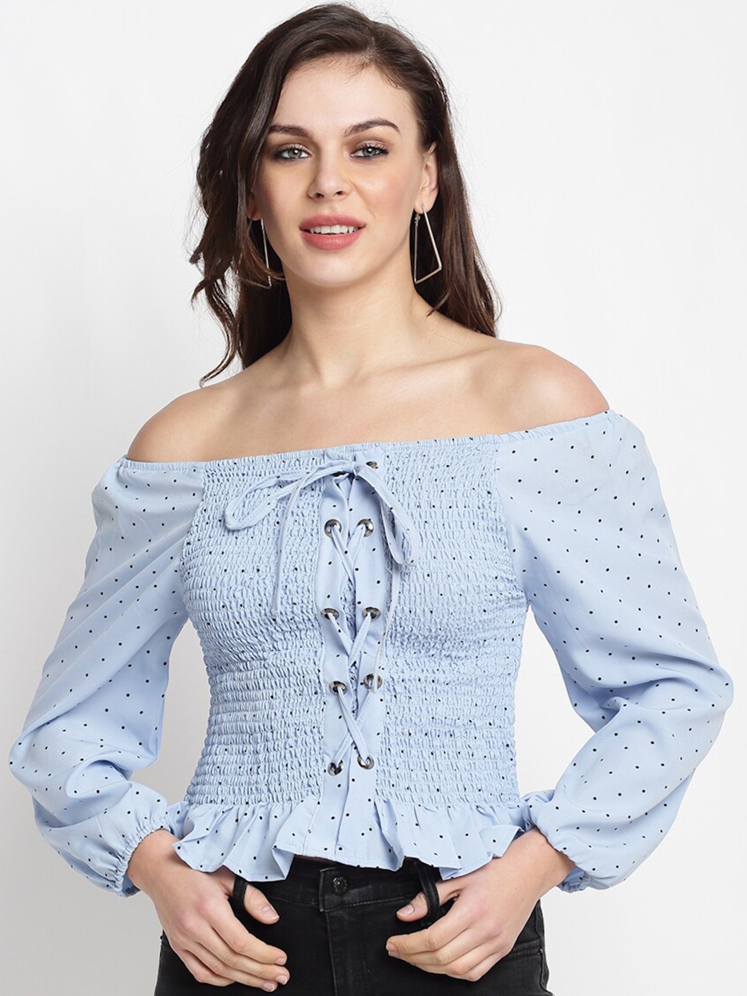 

Miaz Lifestyle Blue Printed Off-Shoulder Puff Sleeves Crepe Bardot Top